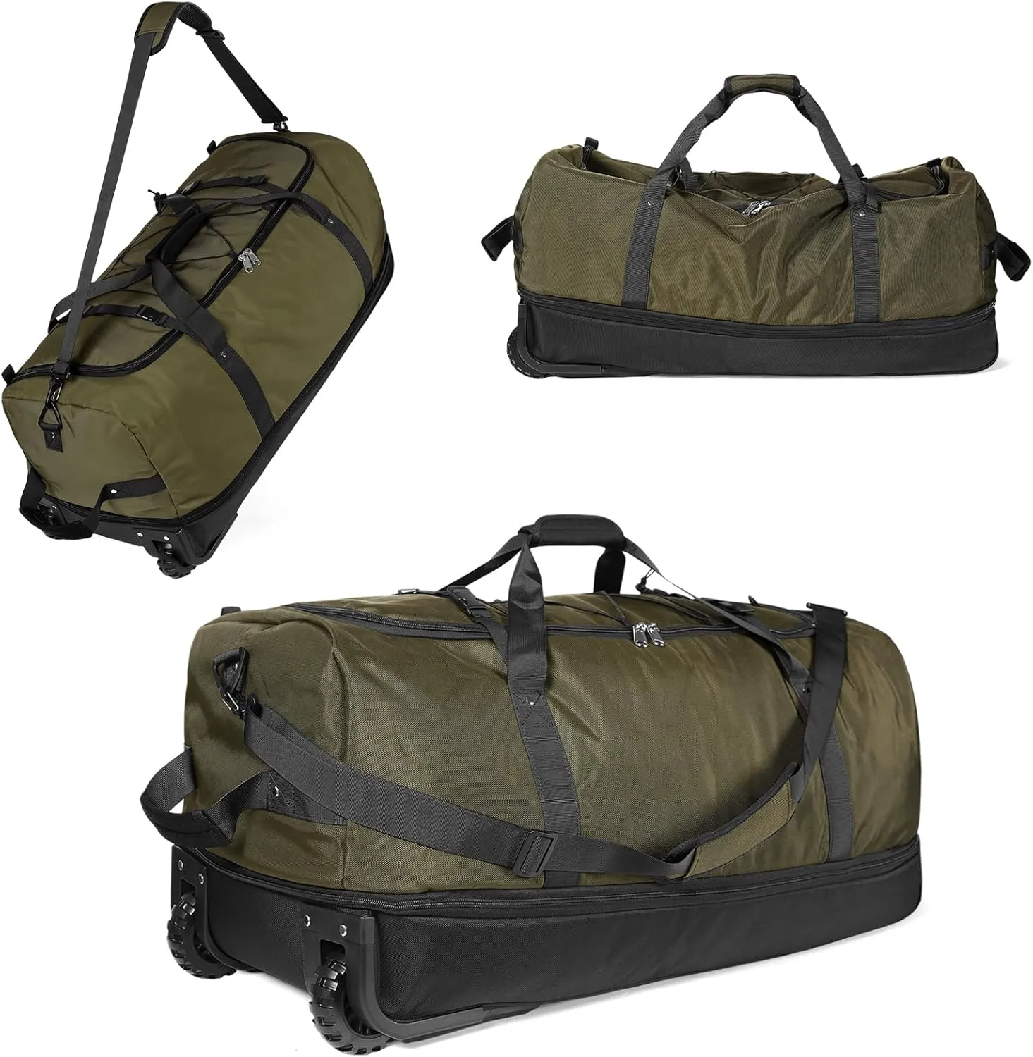 32" Soft-Sided Foldable Wheeled Duffle Bag, 110L Expandable 140L Rolling Travel Bag with Matching Storage Pouch, Updated Army Green