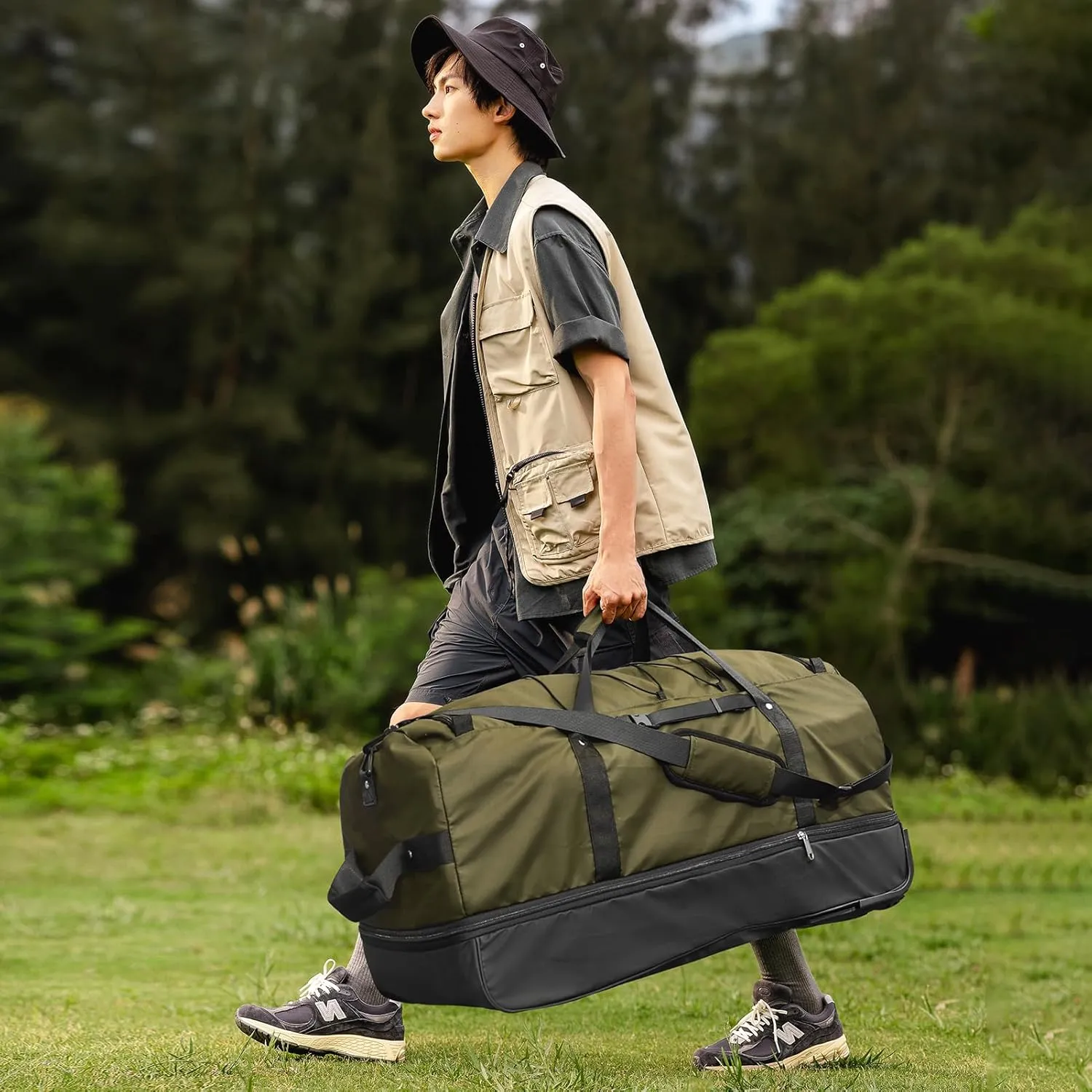 32" Soft-Sided Foldable Wheeled Duffle Bag, 110L Expandable 140L Rolling Travel Bag with Matching Storage Pouch, Updated Army Green