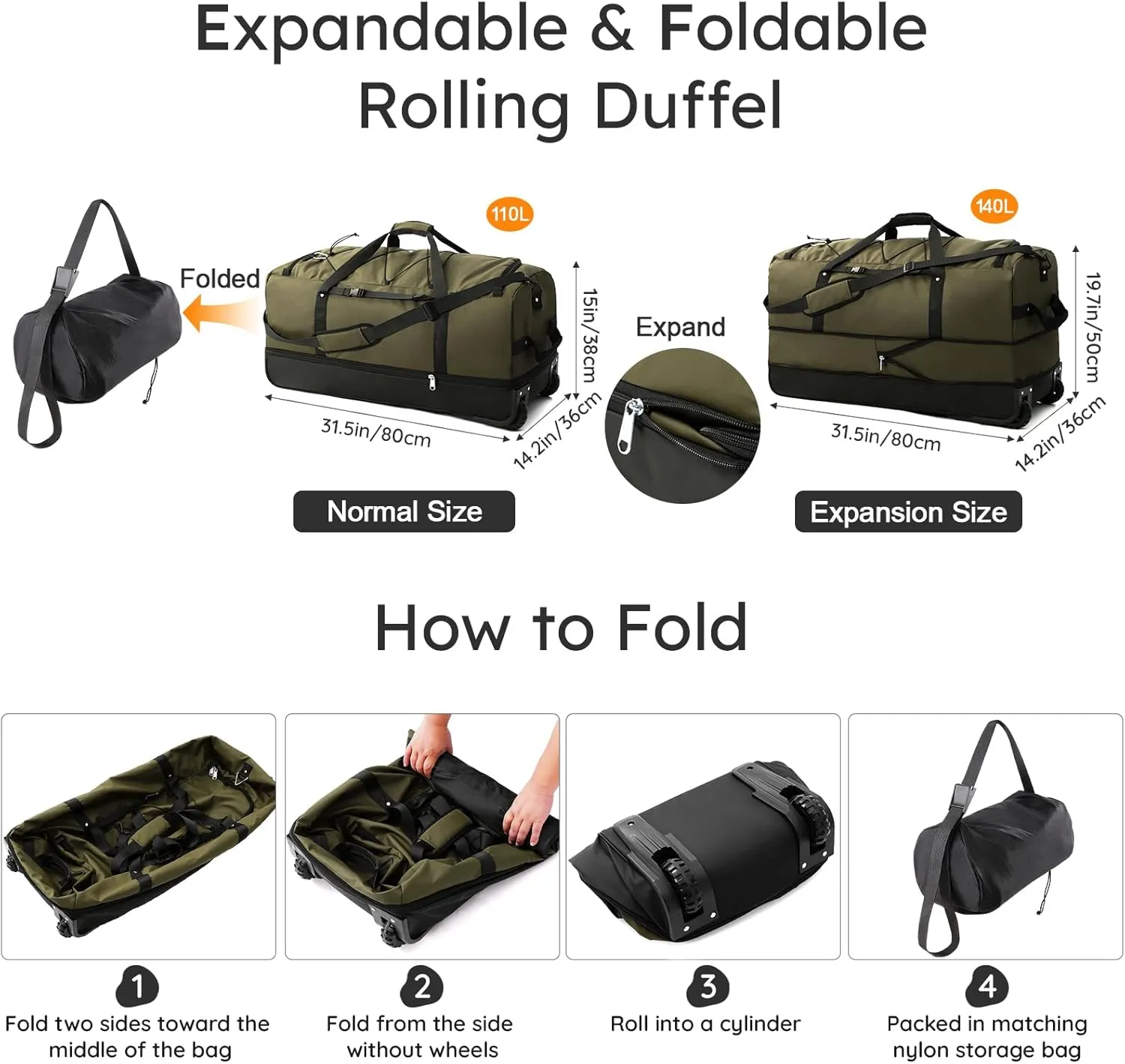 32" Soft-Sided Foldable Wheeled Duffle Bag, 110L Expandable 140L Rolling Travel Bag with Matching Storage Pouch, Updated Army Green