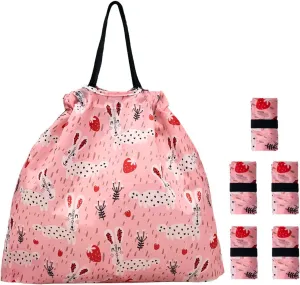 5 Pack Drawstring Foldable Shopping Nylon Bags Pink Rabbit HRS03