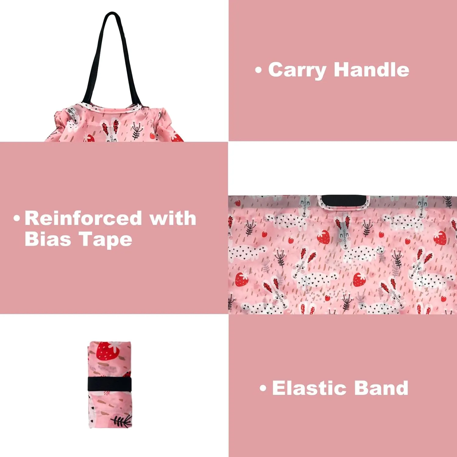 5 Pack Drawstring Foldable Shopping Nylon Bags Pink Rabbit HRS03