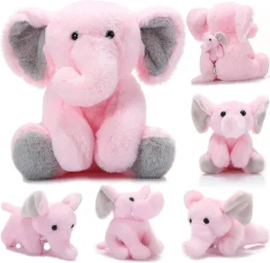5 Pcs Plush Elephant Stuffed Animals with Babies, Mommy Elephant with 4 Plush Baby Soft Elephants Animals Play Set for Party Supplies, Favors, Decorations, Stocking Stuffers(Gray Pink)