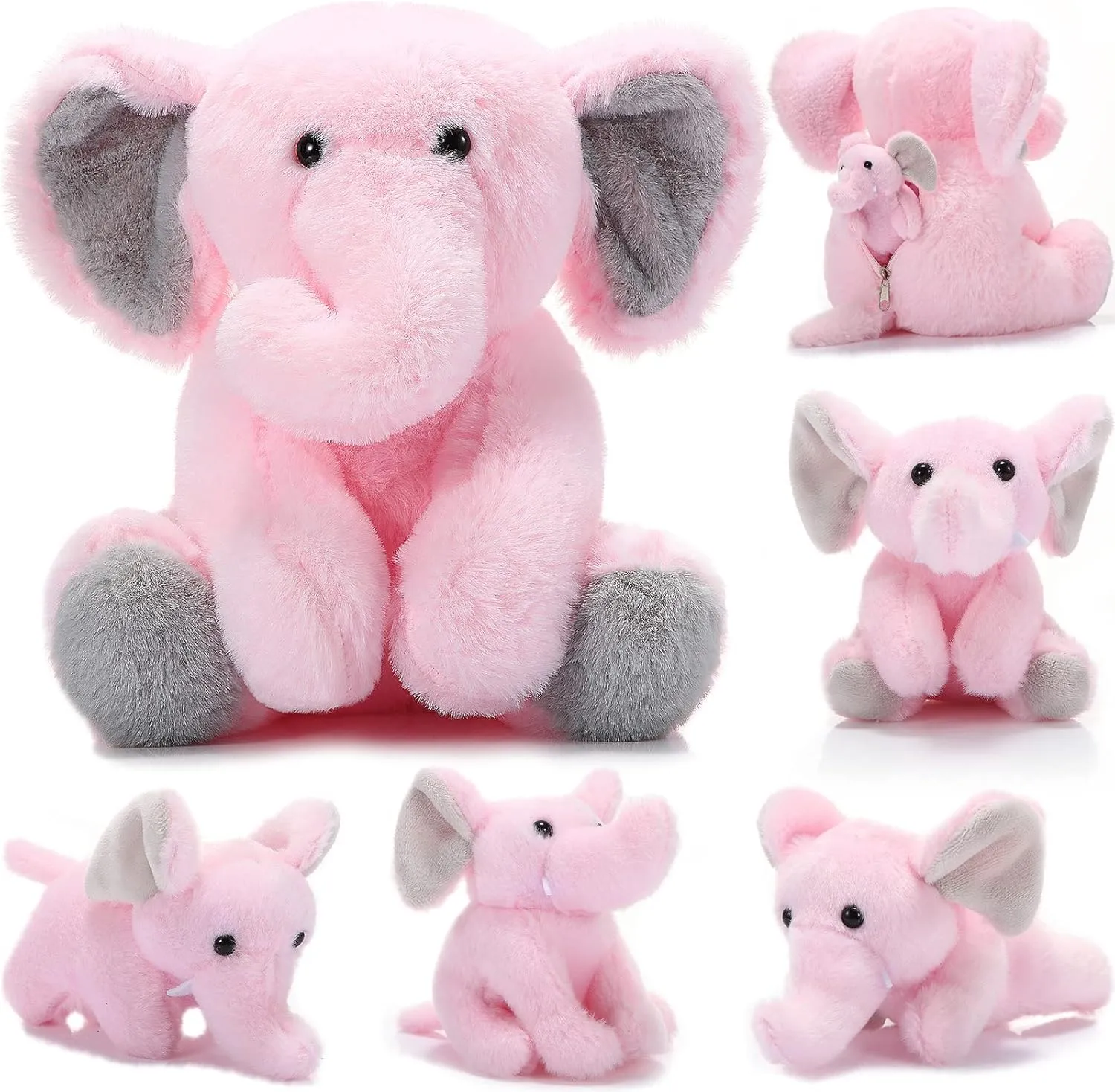 5 Pcs Plush Elephant Stuffed Animals with Babies, Mommy Elephant with 4 Plush Baby Soft Elephants Animals Play Set for Party Supplies, Favors, Decorations, Stocking Stuffers(Gray Pink)