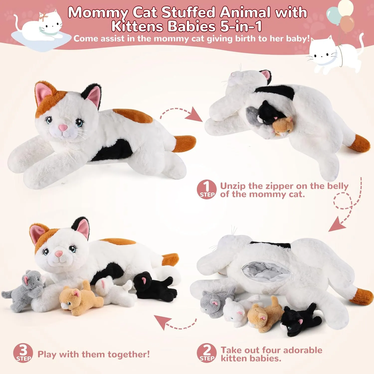 5 Pieces Cat Stuffed Animals with Babies Inside Belly - 1 Mommy Stuffed Cat with 4 Kittens - Stuffed Kitty Plush Toys for Kids Age 3-8, Gifts Ideal for Christmas, Valentine's, Birthday