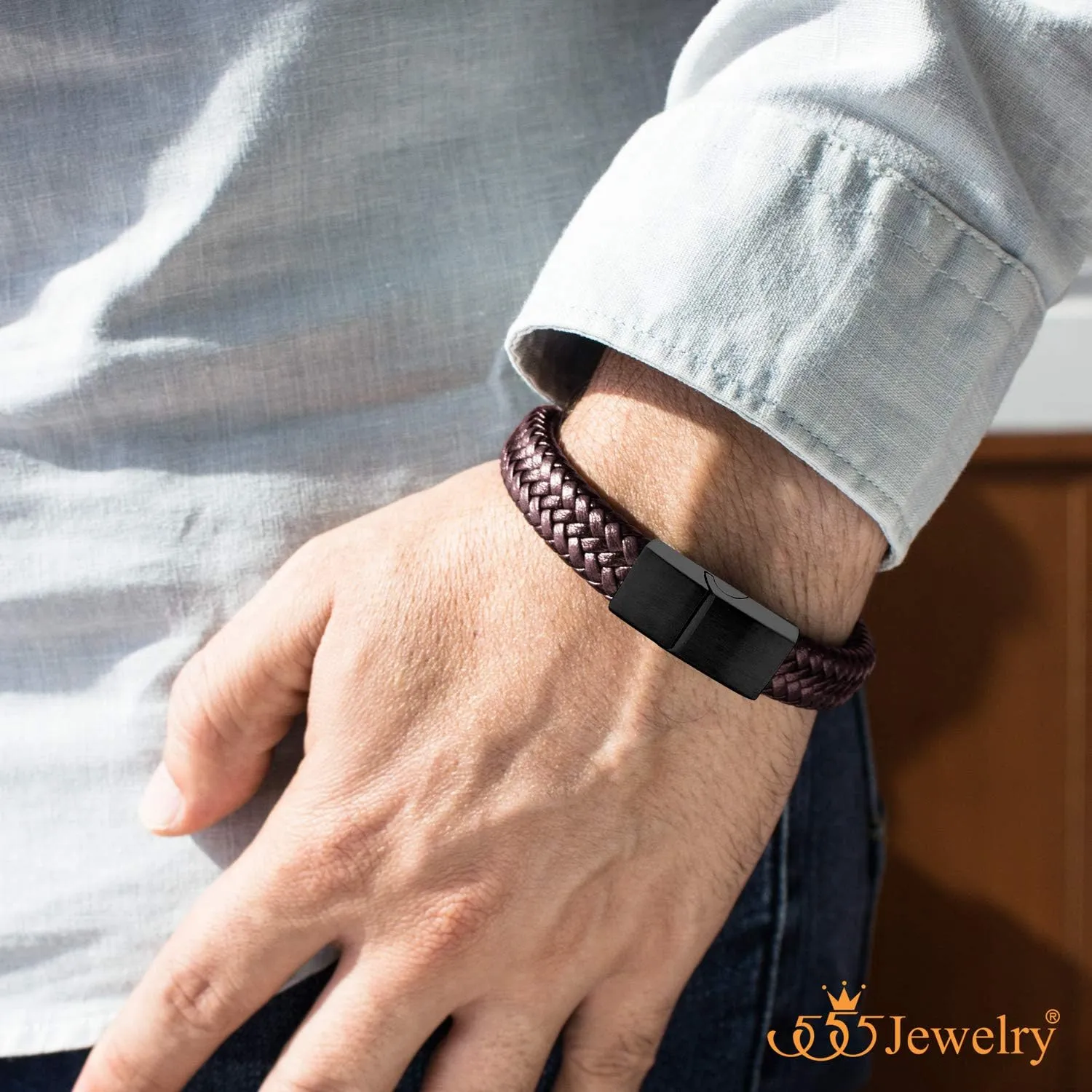 555Jewelry Stainless Steel Magnetic Clasp Braided Brown & Black Leather Bracelet for Men