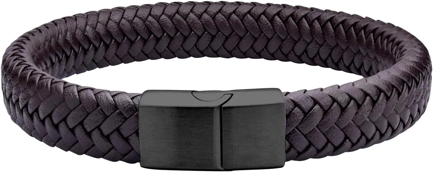 555Jewelry Stainless Steel Magnetic Clasp Braided Brown & Black Leather Bracelet for Men