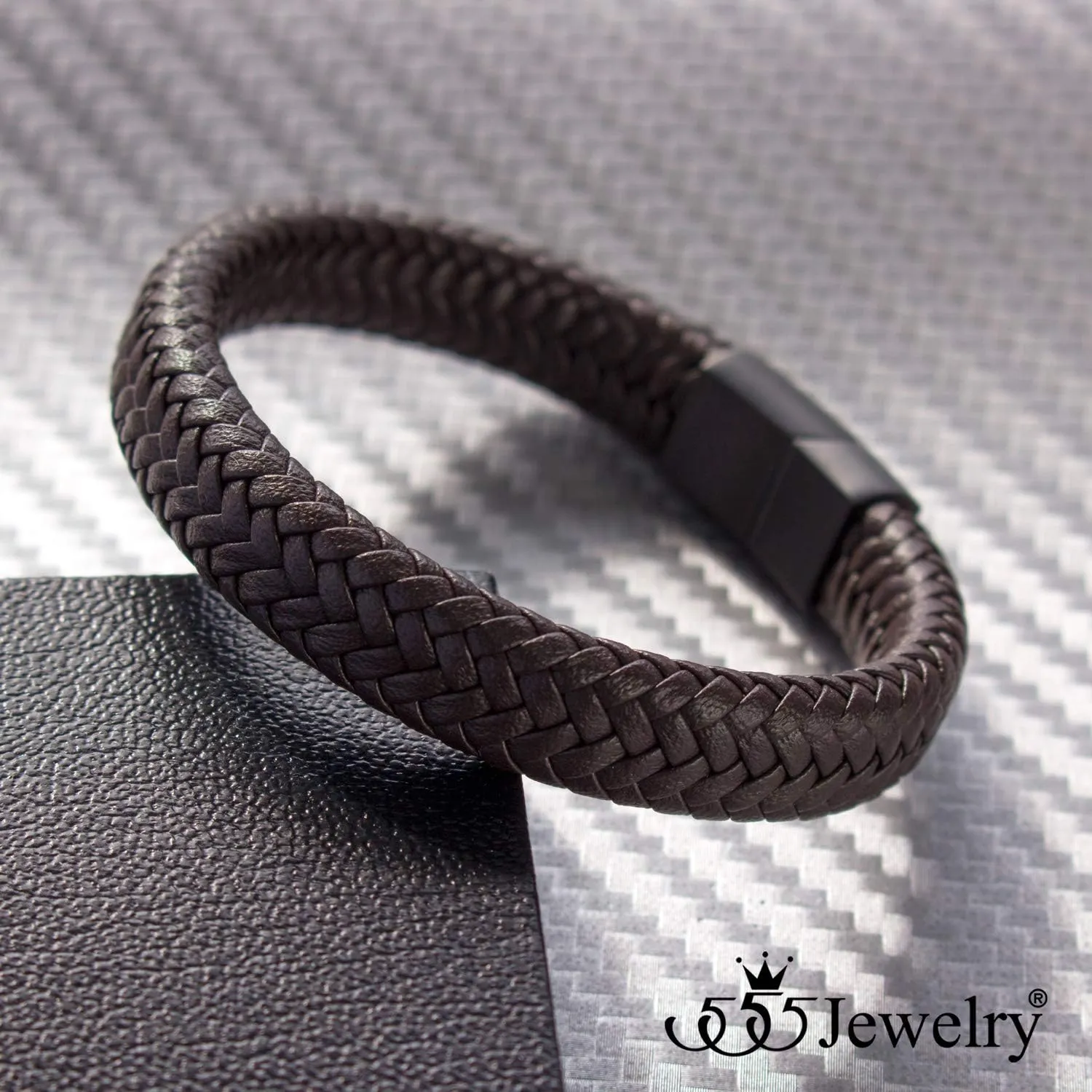 555Jewelry Stainless Steel Magnetic Clasp Braided Brown & Black Leather Bracelet for Men