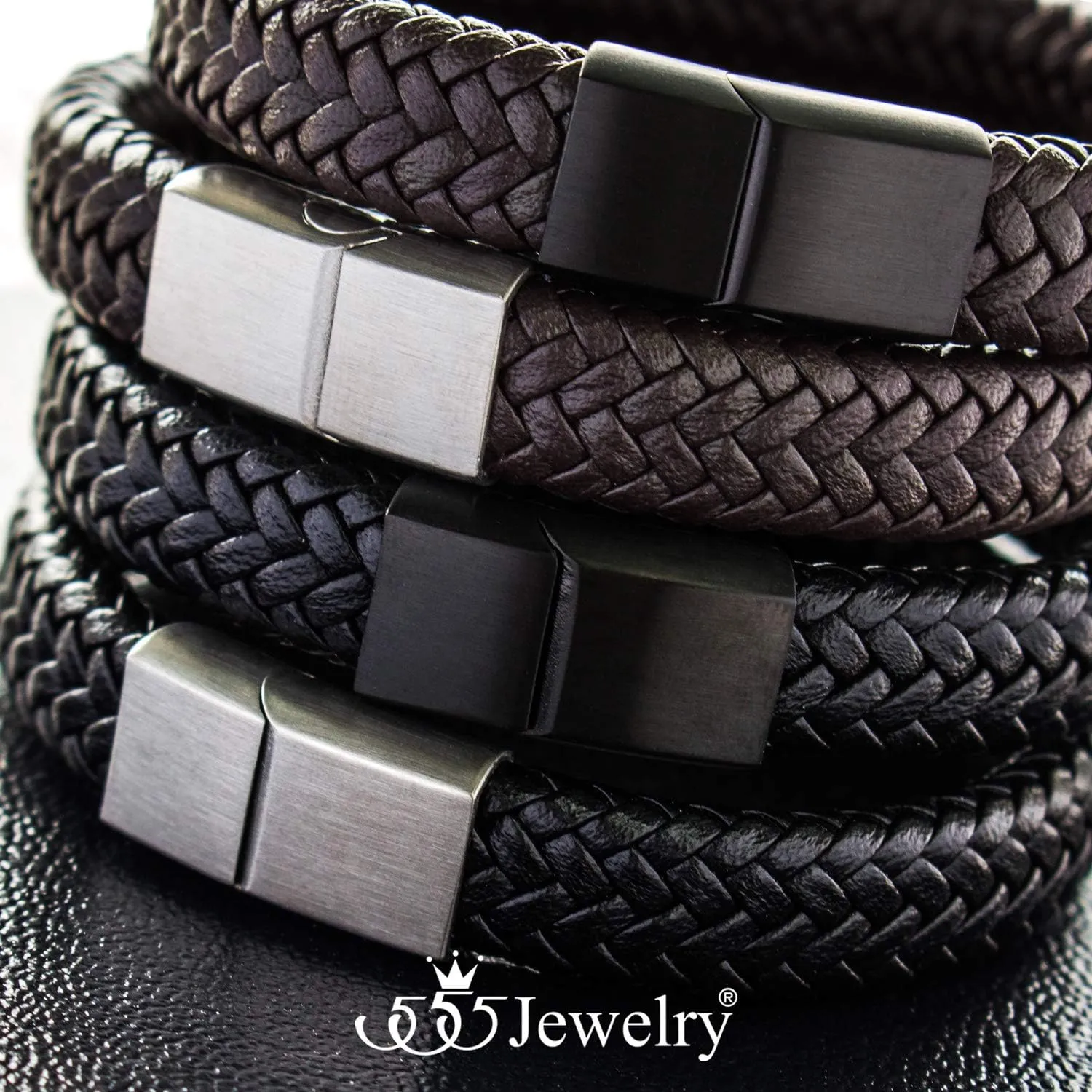 555Jewelry Stainless Steel Magnetic Clasp Braided Brown & Black Leather Bracelet for Men