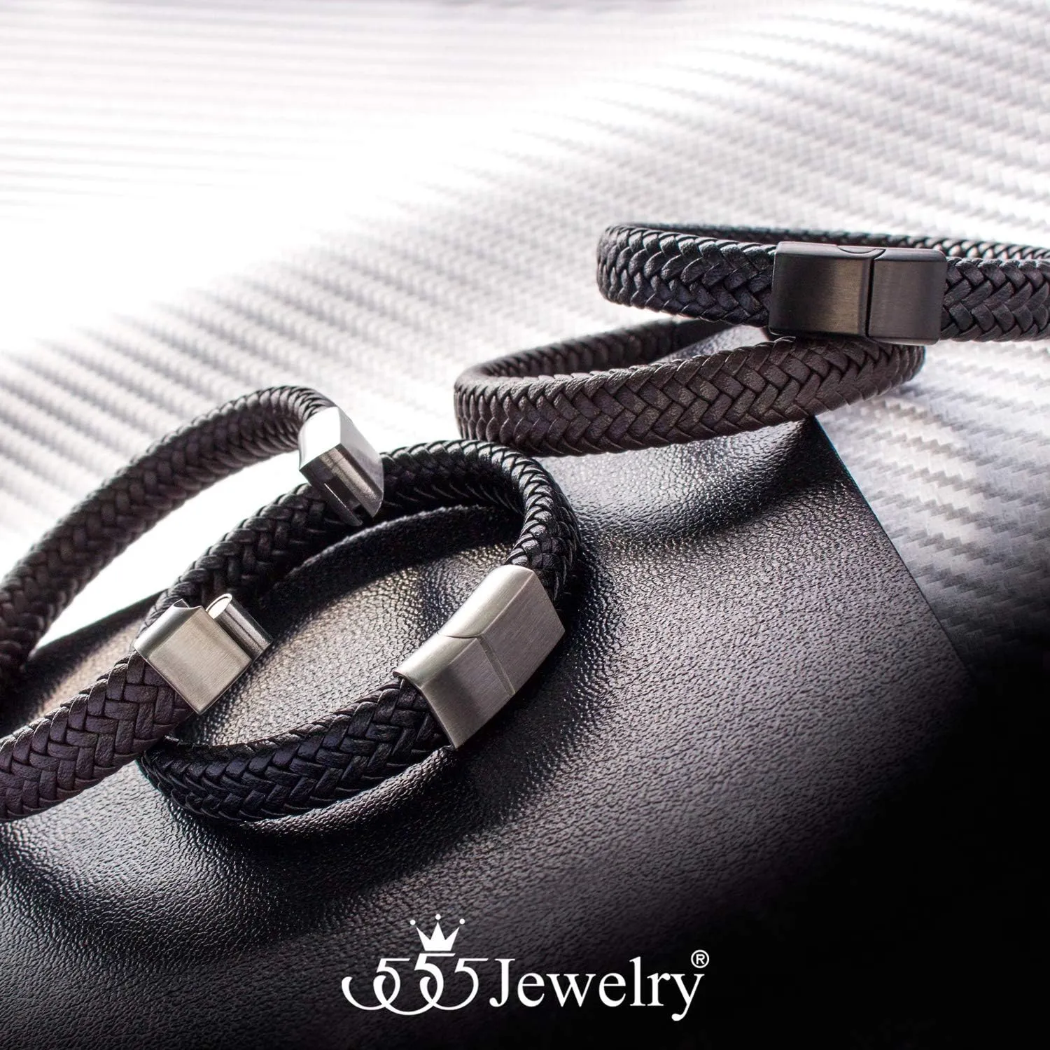 555Jewelry Stainless Steel Magnetic Clasp Braided Brown & Black Leather Bracelet for Men