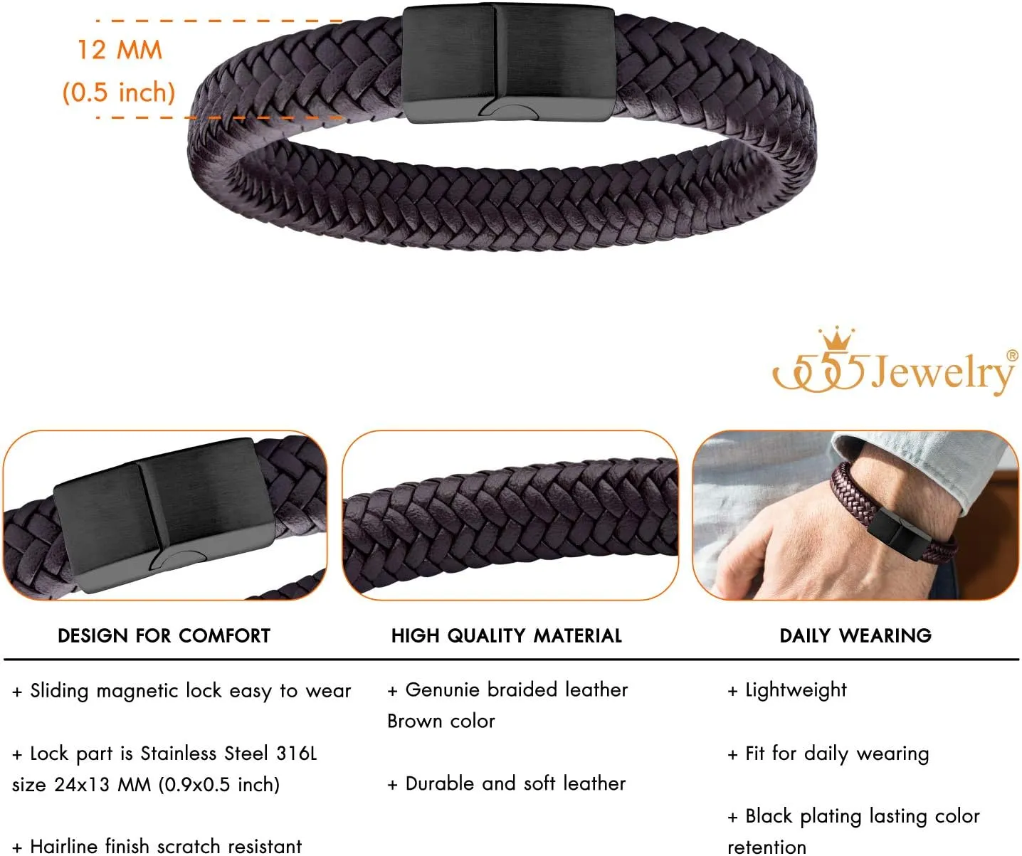 555Jewelry Stainless Steel Magnetic Clasp Braided Brown & Black Leather Bracelet for Men
