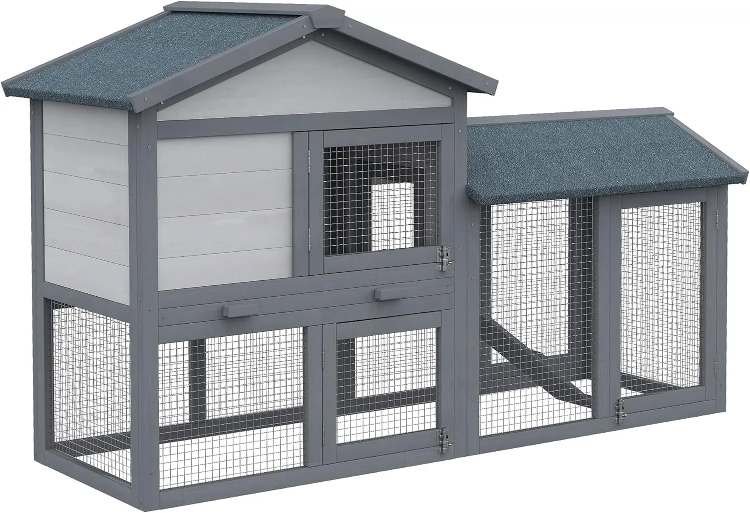 58" Rabbit Hutch, Wooden Bunny Hutch, Guinea Pig Cage, Small Animal Enclosure with Run Area, Removable Tray, Asphalt Roof, Lockable Doors and Ramp, Dark Gray