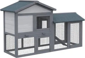 58" Rabbit Hutch, Wooden Bunny Hutch, Guinea Pig Cage, Small Animal Enclosure with Run Area, Removable Tray, Asphalt Roof, Lockable Doors and Ramp, Dark Gray