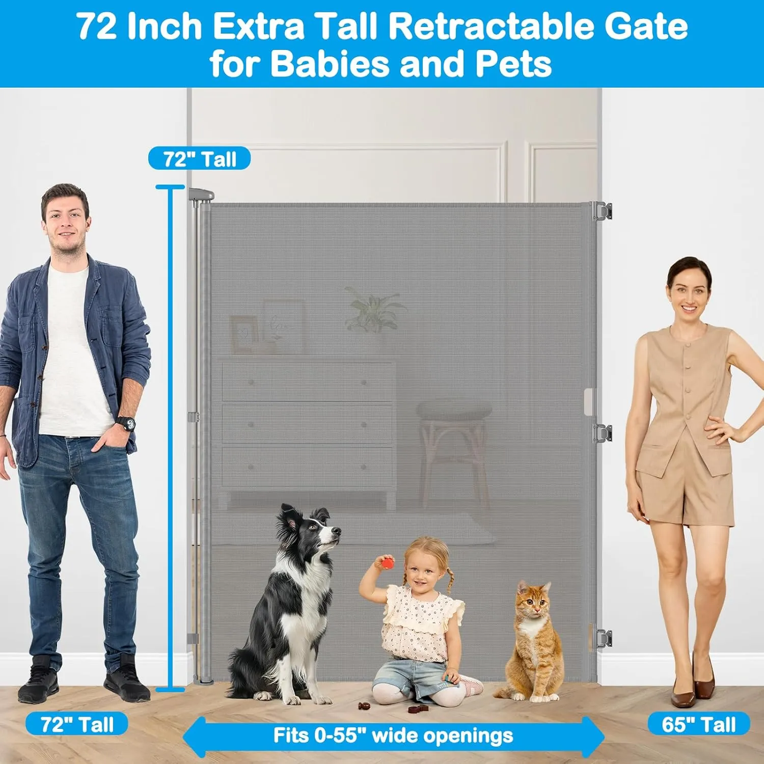 72 Inch Tall Retractable Baby Gate Retractable Pet Gate Indoor Pet Barrier for Dogs 55 Inch Wide 6 Foot Extra Tall Baby Gates for Doorways 6 Ft Puppy Gates for The House/Front Porch/Outdoor