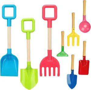 8 Pack Beach Sand Toy 16 Inch Long Beach Shovel Spade Sand Rake with Sturdy Wooden Handle Kid Garden Tools Spoon, Fork, Rake, Spade, Pointed Shovel Kids Gardening Set for Digging Dirt Snowing Planting