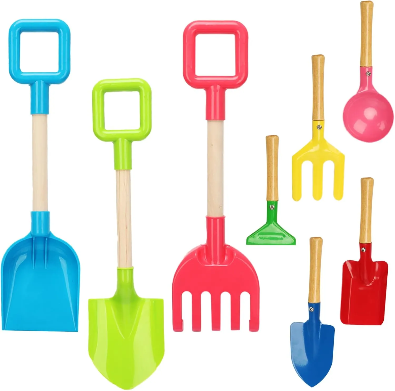 8 Pack Beach Sand Toy 16 Inch Long Beach Shovel Spade Sand Rake with Sturdy Wooden Handle Kid Garden Tools Spoon, Fork, Rake, Spade, Pointed Shovel Kids Gardening Set for Digging Dirt Snowing Planting