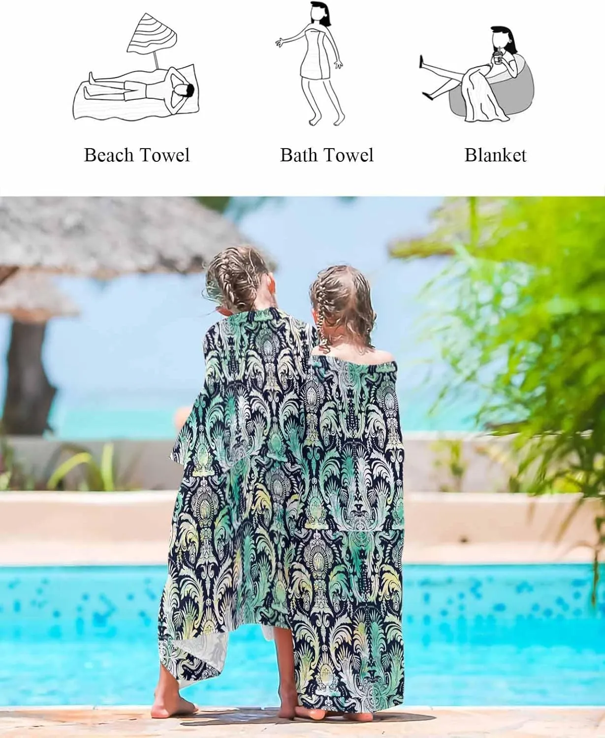 Abstract Beach Towel 31"x61" Microfiber Beach Towels Oversized Sand Free Quick Dry Beach Towel/Bath Towels/Yoga Towel/Pool Towels/Travel Towel for Women Men Girls Kids-Teal Hand-Painted