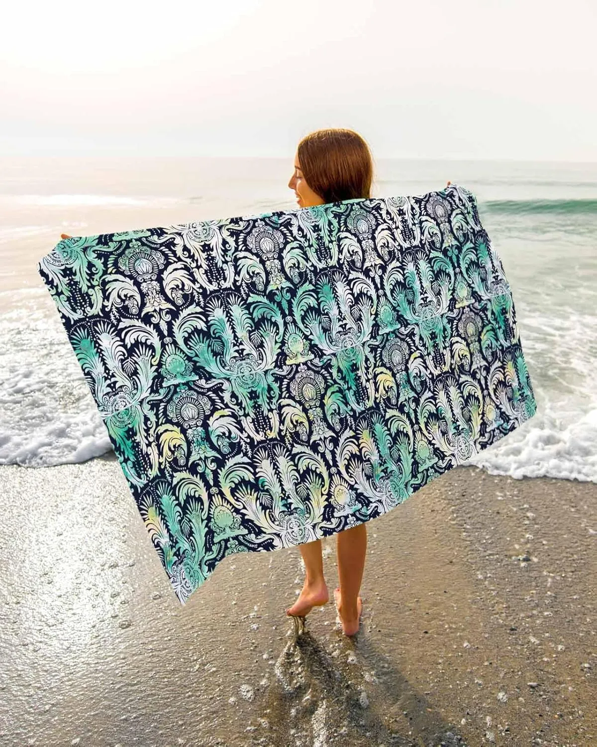 Abstract Beach Towel 31"x61" Microfiber Beach Towels Oversized Sand Free Quick Dry Beach Towel/Bath Towels/Yoga Towel/Pool Towels/Travel Towel for Women Men Girls Kids-Teal Hand-Painted