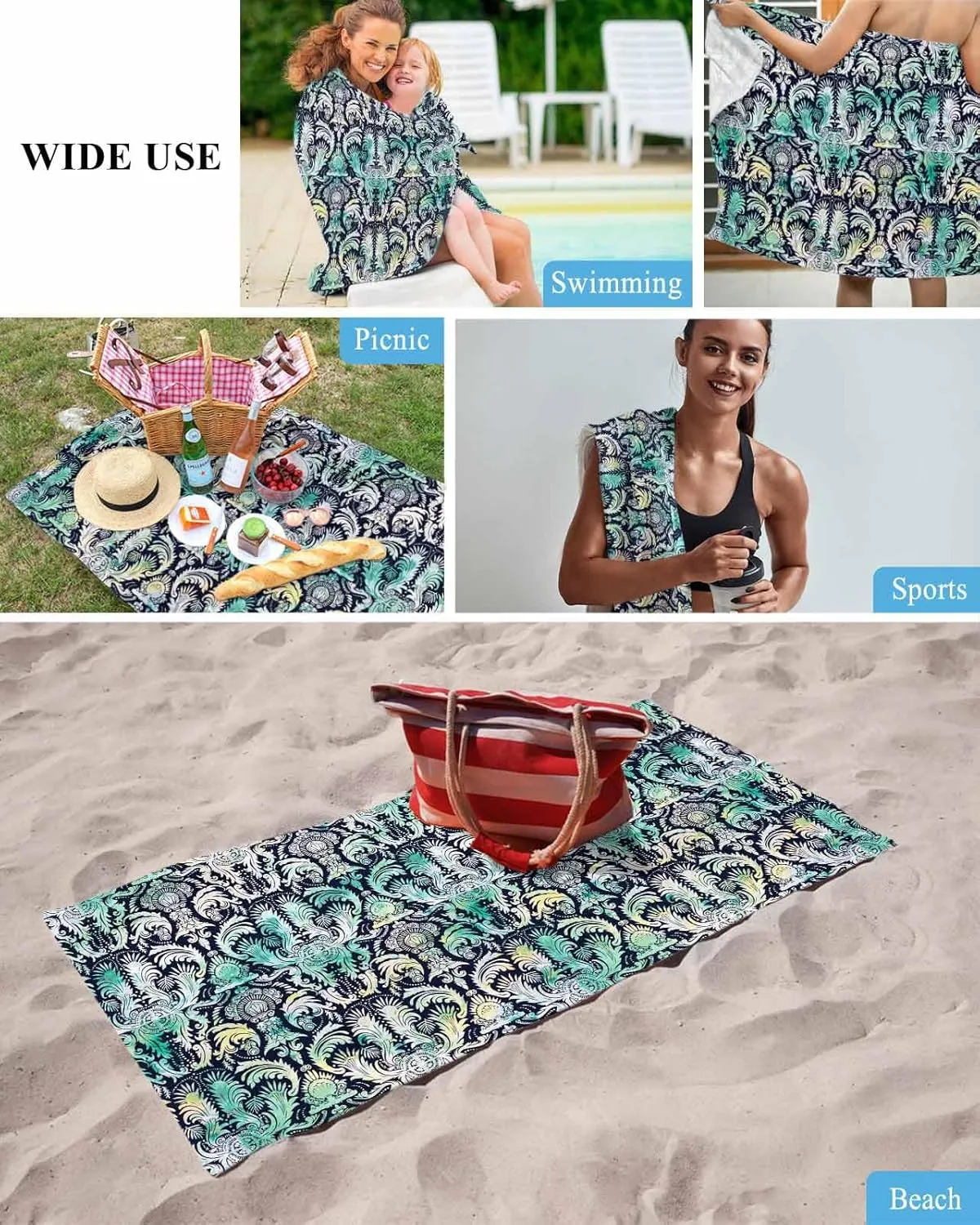 Abstract Beach Towel 31"x61" Microfiber Beach Towels Oversized Sand Free Quick Dry Beach Towel/Bath Towels/Yoga Towel/Pool Towels/Travel Towel for Women Men Girls Kids-Teal Hand-Painted
