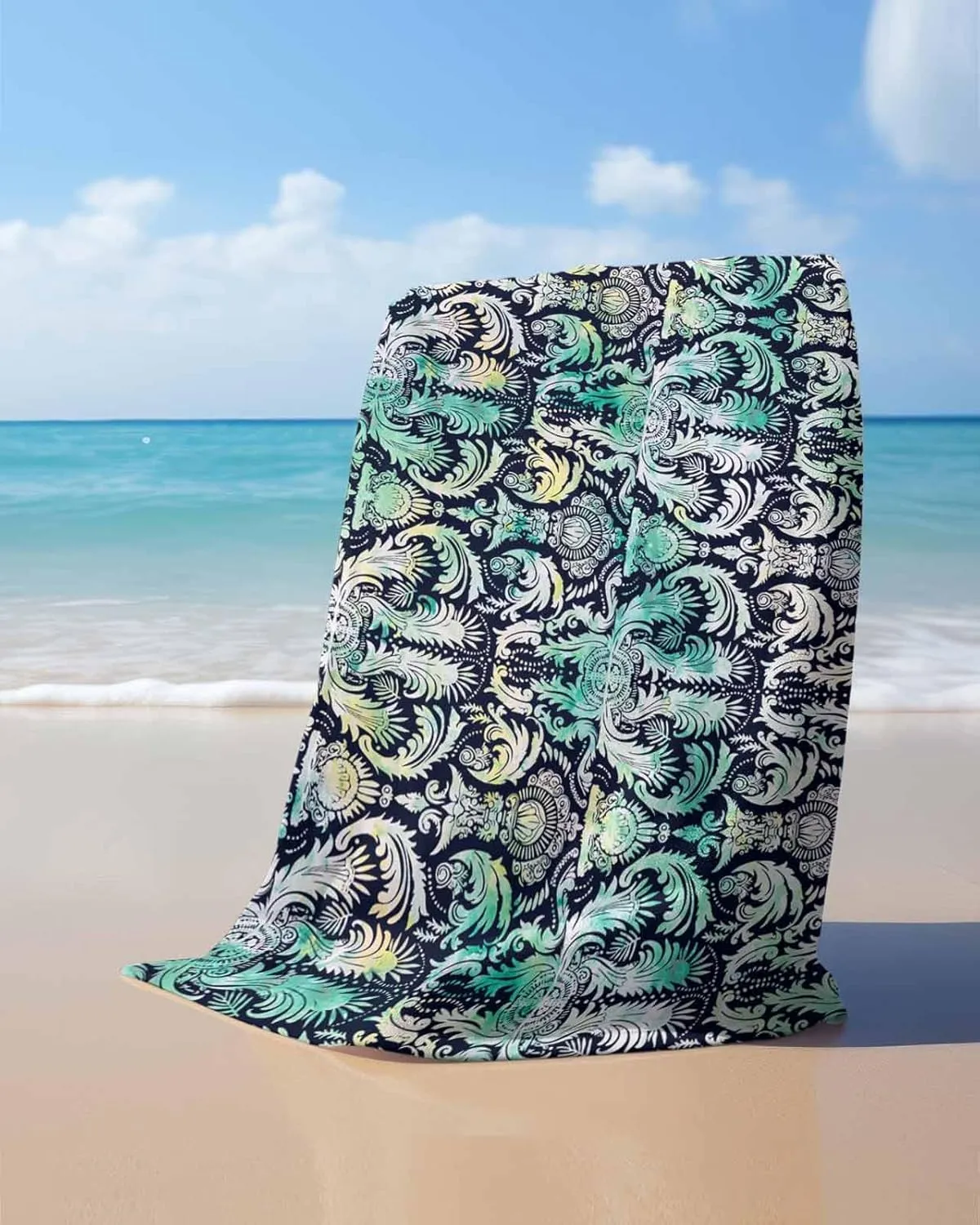Abstract Beach Towel 31"x61" Microfiber Beach Towels Oversized Sand Free Quick Dry Beach Towel/Bath Towels/Yoga Towel/Pool Towels/Travel Towel for Women Men Girls Kids-Teal Hand-Painted