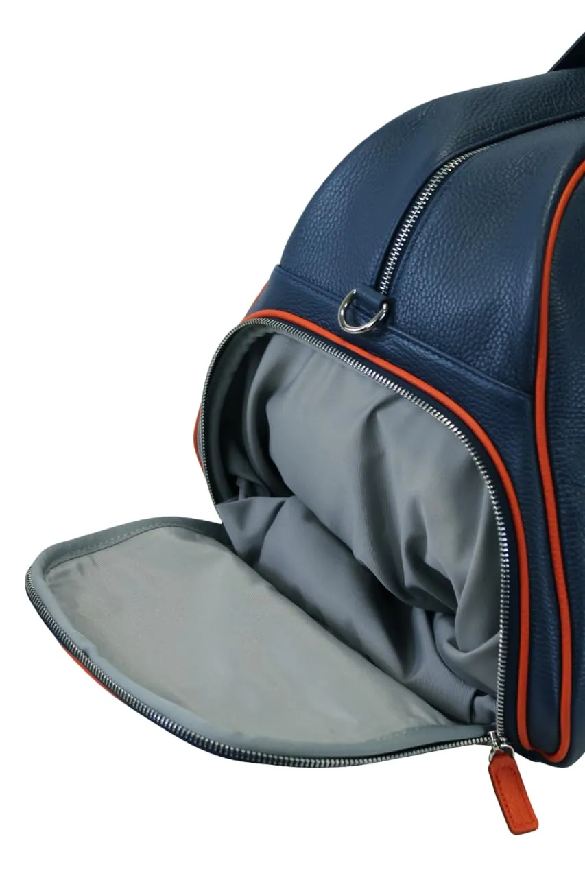 Advanced Leather Sports Duffle Equipment Bag with Shoes Compartment | Handmade to Order in Italy | Soft Pebble-Grain Waterproof Leather | Travel Tennis Baseball Sport Bag Elega (Air Force Blue/Orange)