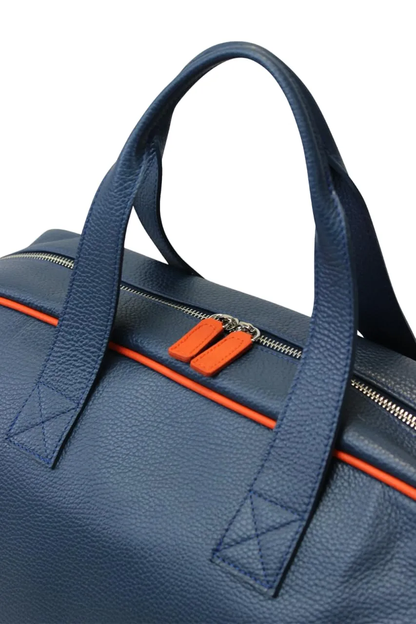 Advanced Leather Sports Duffle Equipment Bag with Shoes Compartment | Handmade to Order in Italy | Soft Pebble-Grain Waterproof Leather | Travel Tennis Baseball Sport Bag Elega (Air Force Blue/Orange)