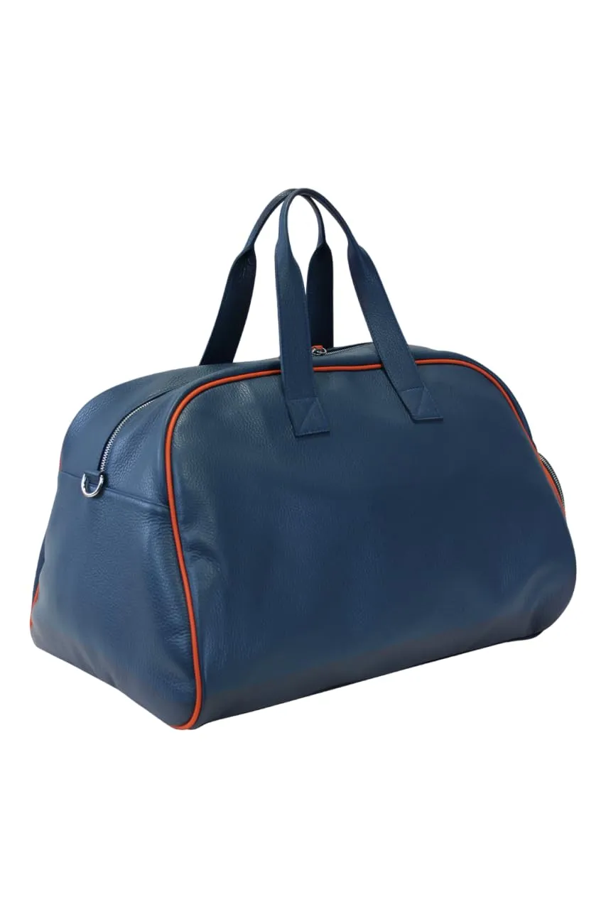 Advanced Leather Sports Duffle Equipment Bag with Shoes Compartment | Handmade to Order in Italy | Soft Pebble-Grain Waterproof Leather | Travel Tennis Baseball Sport Bag Elega (Air Force Blue/Orange)