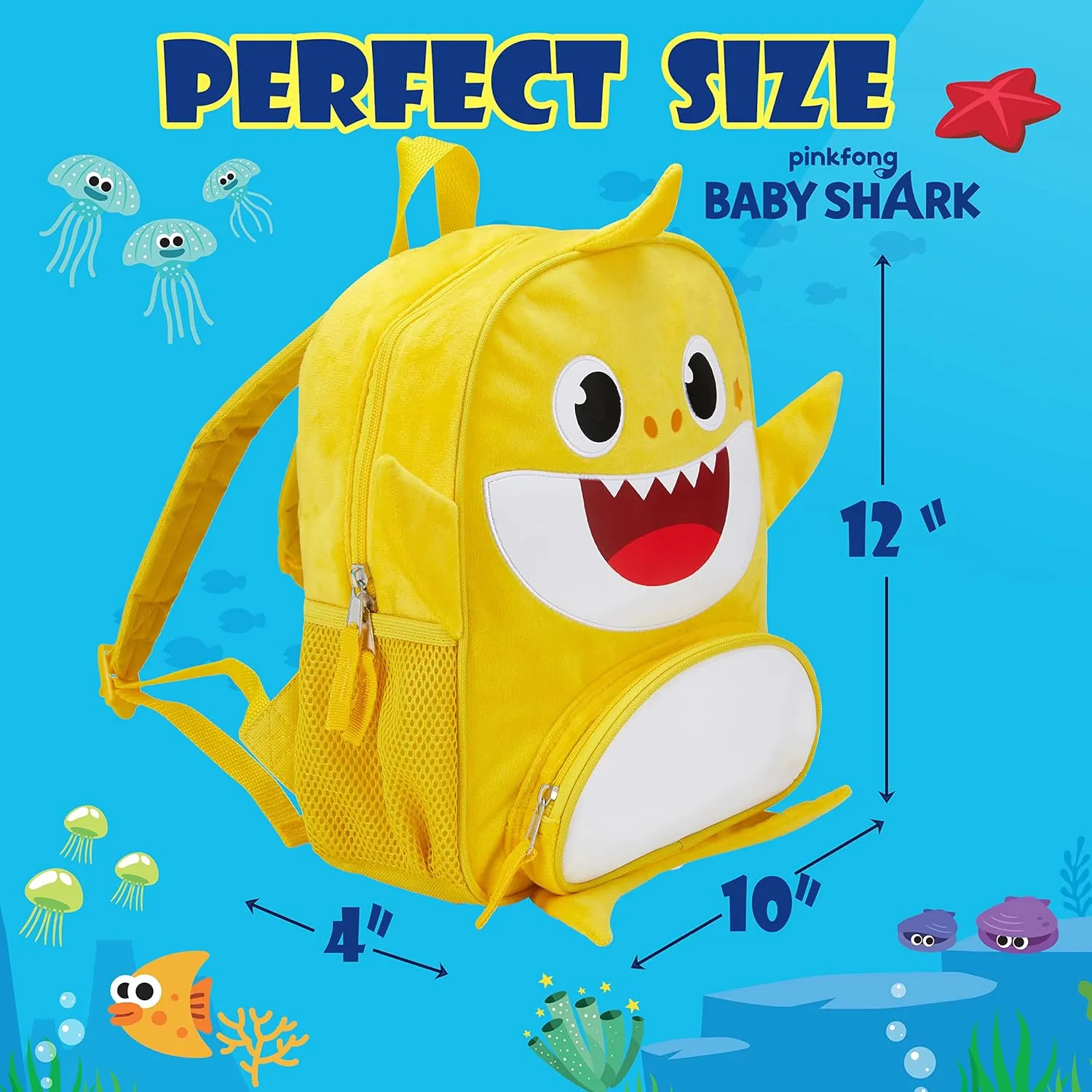 AI ACCESSORY INNOVATIONS Baby Shark 12" Backpack for Girls & Boys, Plush with 3D Fins & Appliques, Adjustable Straps & Padded Back, Lightweight Travel Bag for Kids