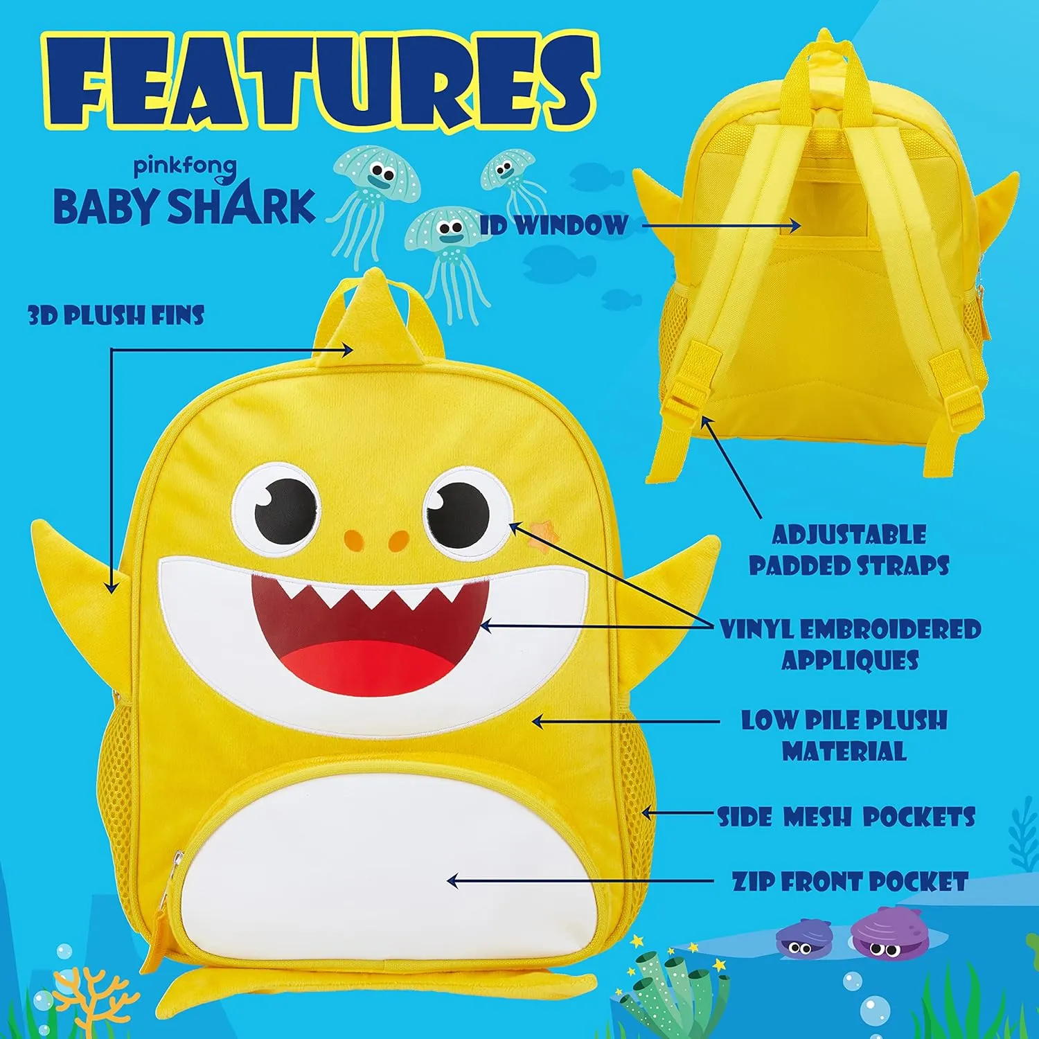 AI ACCESSORY INNOVATIONS Baby Shark 12" Backpack for Girls & Boys, Plush with 3D Fins & Appliques, Adjustable Straps & Padded Back, Lightweight Travel Bag for Kids