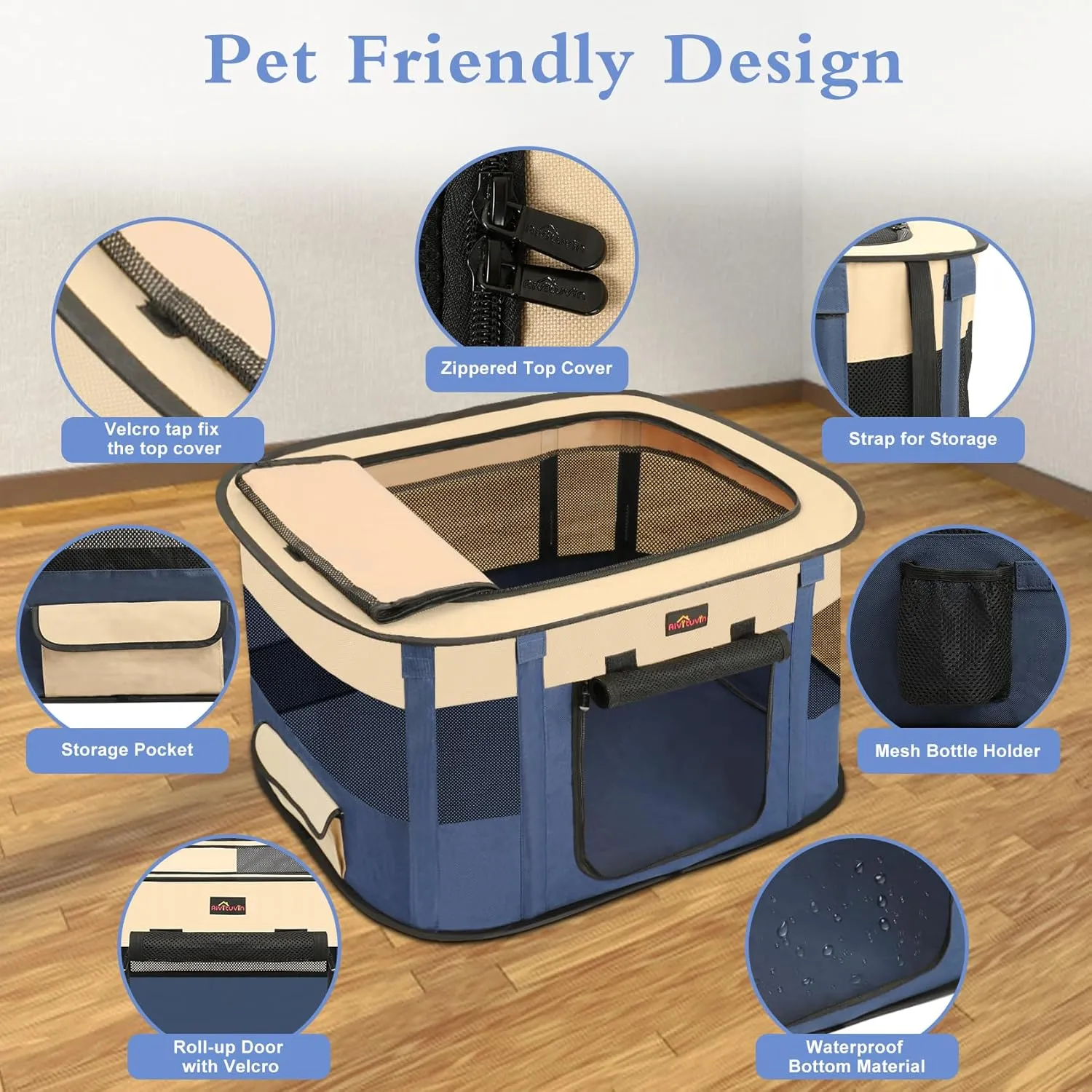 Aivituvin Dog Playpen, Portable Cat Pet Play Pen for Travel Camping Use, Foldable Dog Kennel Tent Crate with Carrying Bag for Indoor Outdoor Small Animals Blue M