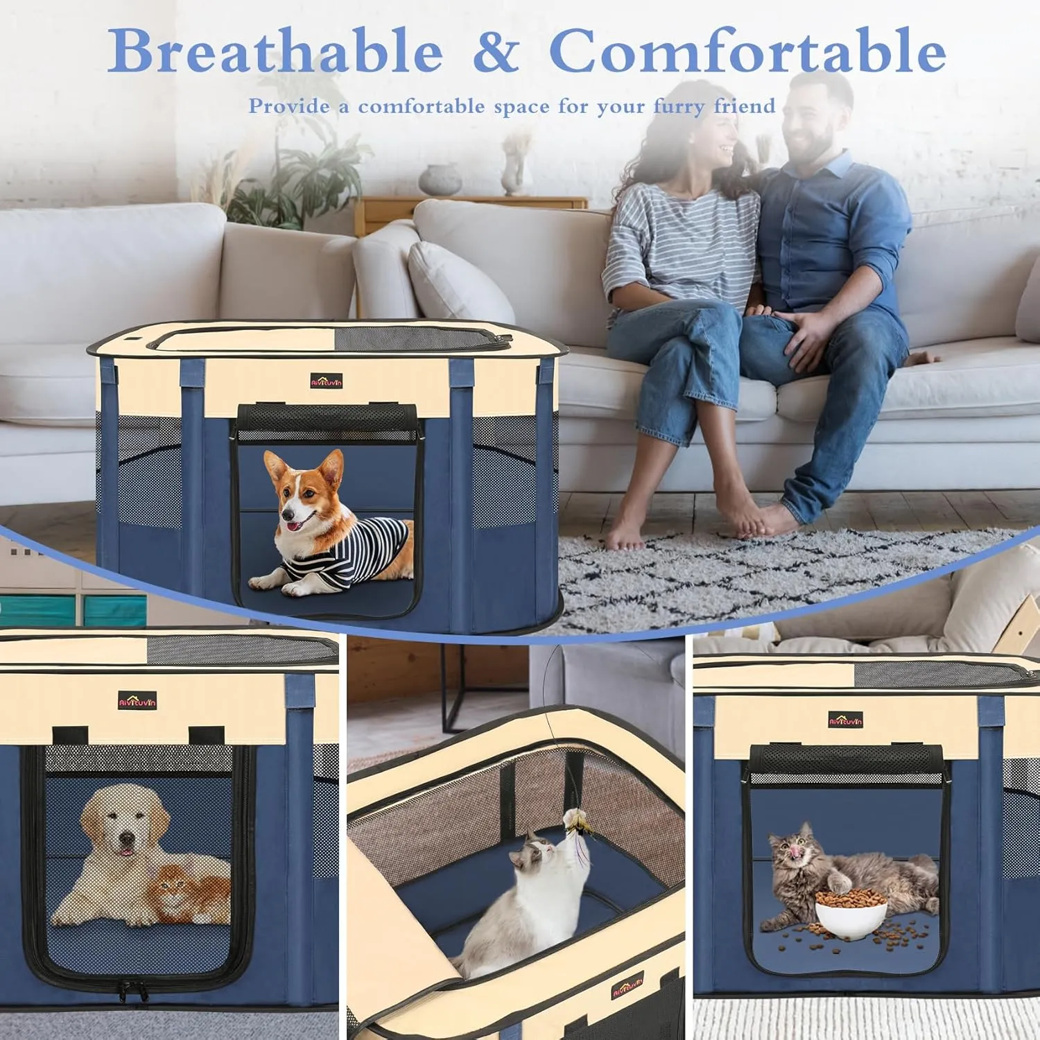 Aivituvin Dog Playpen, Portable Cat Pet Play Pen for Travel Camping Use, Foldable Dog Kennel Tent Crate with Carrying Bag for Indoor Outdoor Small Animals Blue M