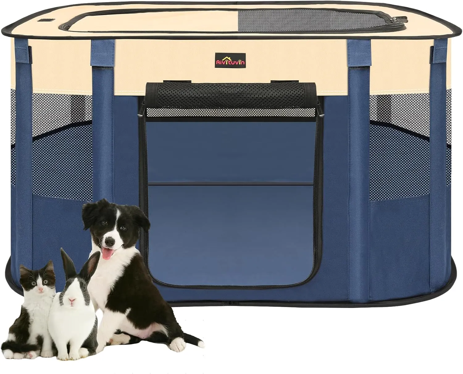 Aivituvin Dog Playpen, Portable Cat Pet Play Pen for Travel Camping Use, Foldable Dog Kennel Tent Crate with Carrying Bag for Indoor Outdoor Small Animals Blue M