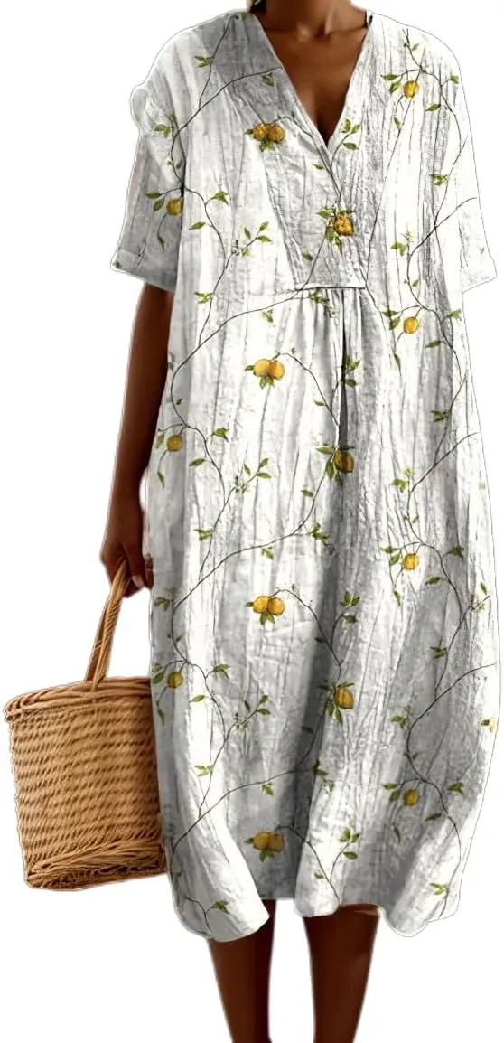 Akivide Womens Summer Oversized Baggy Boho Floral V Neck Midi Dresses Casual Loose Long Dresses with Pockets