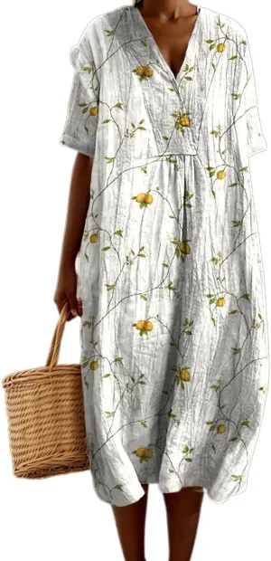 Akivide Womens Summer Oversized Baggy Boho Floral V Neck Midi Dresses Casual Loose Long Dresses with Pockets