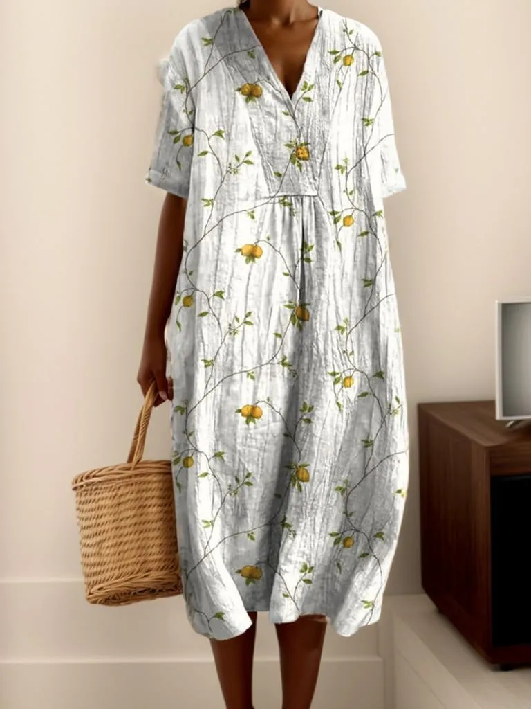 Akivide Womens Summer Oversized Baggy Boho Floral V Neck Midi Dresses Casual Loose Long Dresses with Pockets