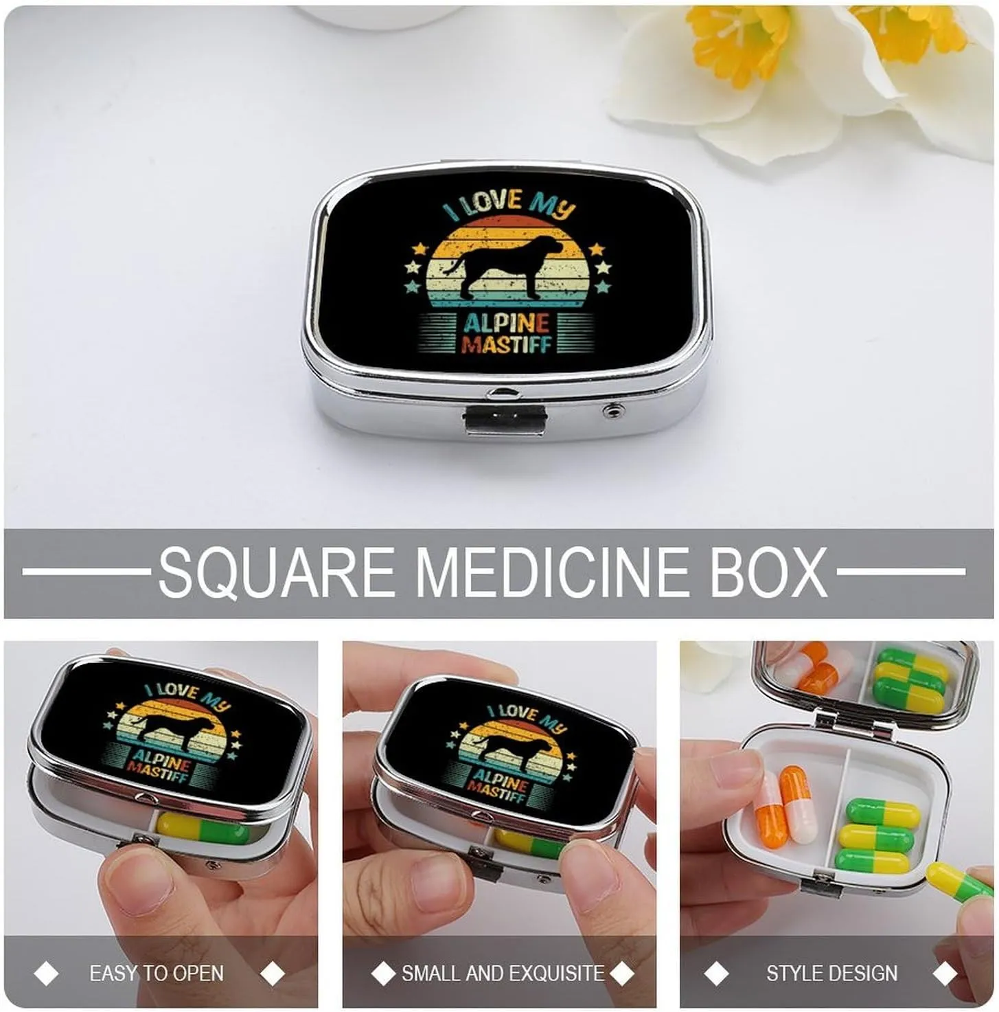 Alpines Mastiff Vintage Print 2 Compartment Pill Box for Travel Fish Oil & Supplement Holder