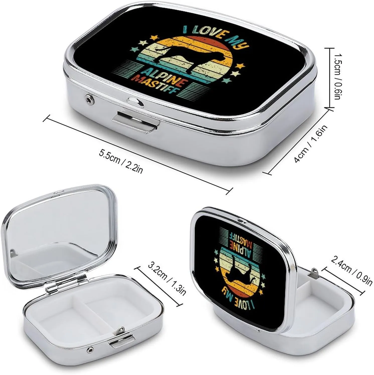 Alpines Mastiff Vintage Print 2 Compartment Pill Box for Travel Fish Oil & Supplement Holder