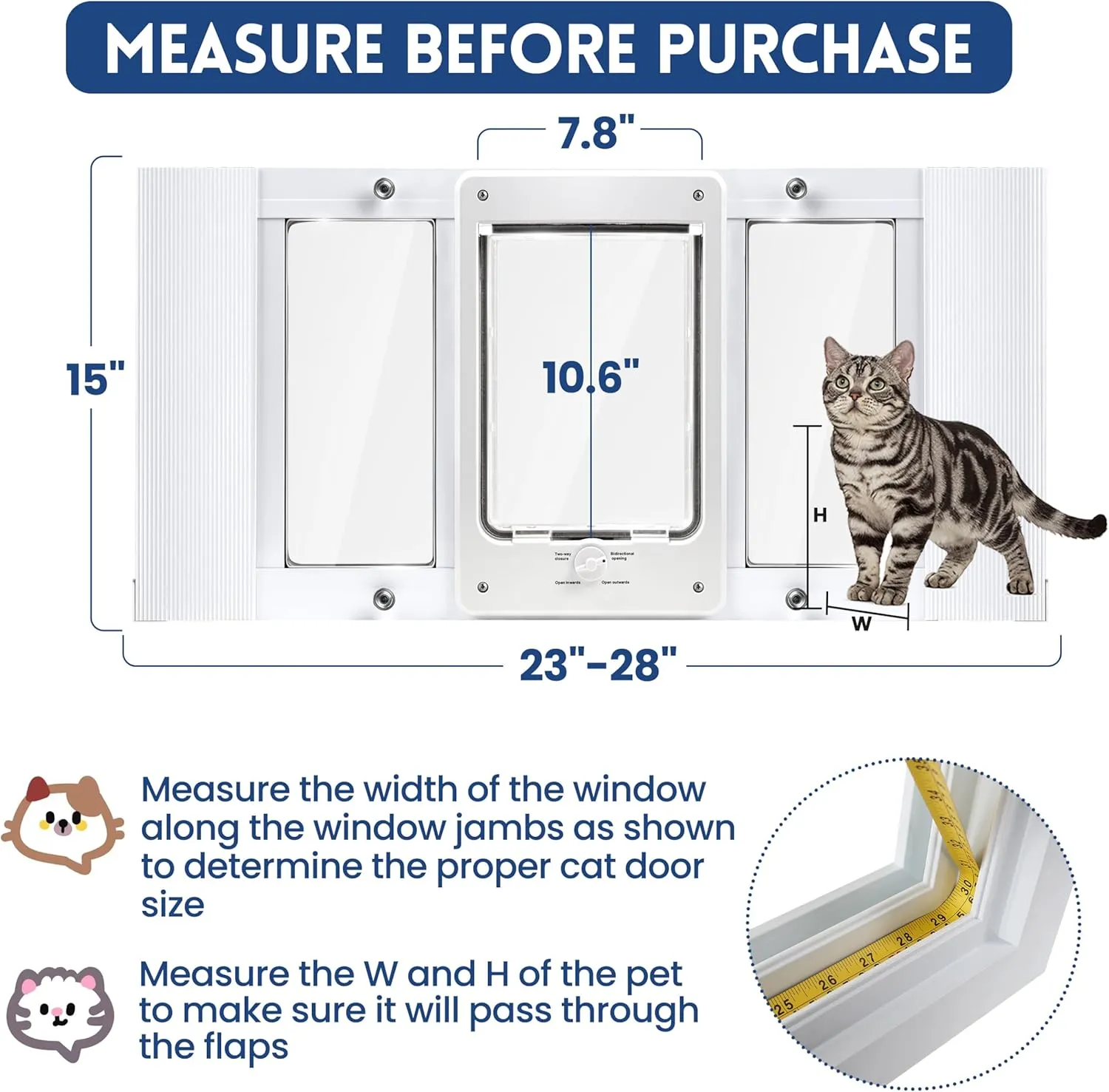 Aluminum Pet Door for Windows, Width Adjustable to Fit Window Width 23"-28", 10-Minute Cat Door Insert Window Installation, Cats Door for Window with Magnetic Suction Design and Weatherproof