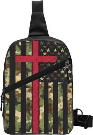 American Camo Flag Christian Cross Portable Sling Bags Packable Crossbody Bag Foldable Sport Daypack Reusable Shoulder Backpack Diagonally Chest Bag for Workout Travel