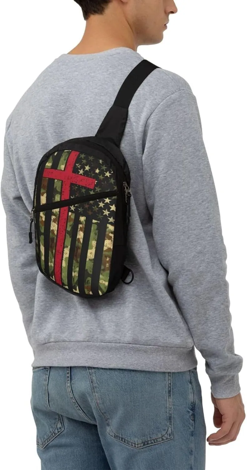 American Camo Flag Christian Cross Portable Sling Bags Packable Crossbody Bag Foldable Sport Daypack Reusable Shoulder Backpack Diagonally Chest Bag for Workout Travel