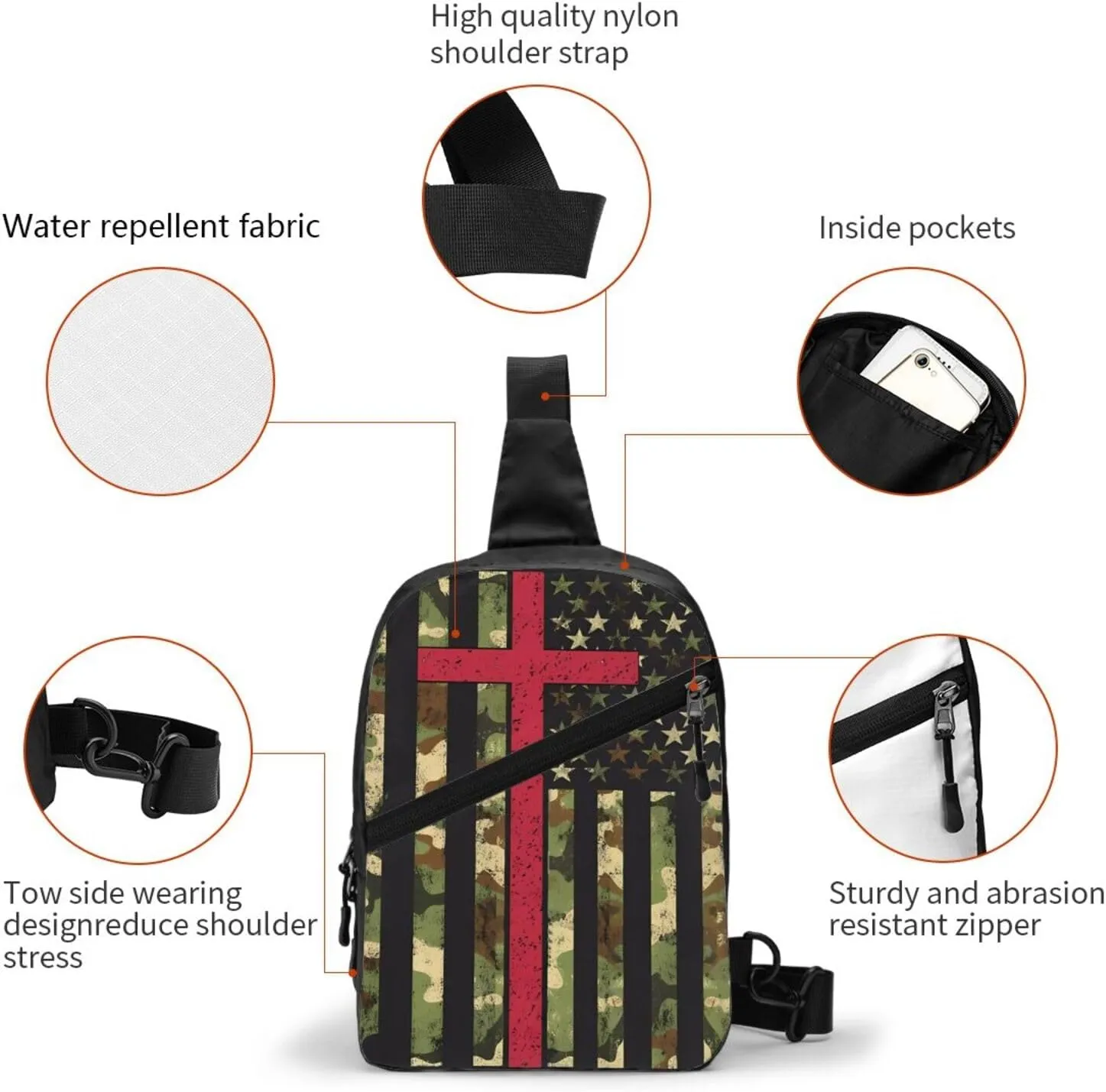 American Camo Flag Christian Cross Portable Sling Bags Packable Crossbody Bag Foldable Sport Daypack Reusable Shoulder Backpack Diagonally Chest Bag for Workout Travel