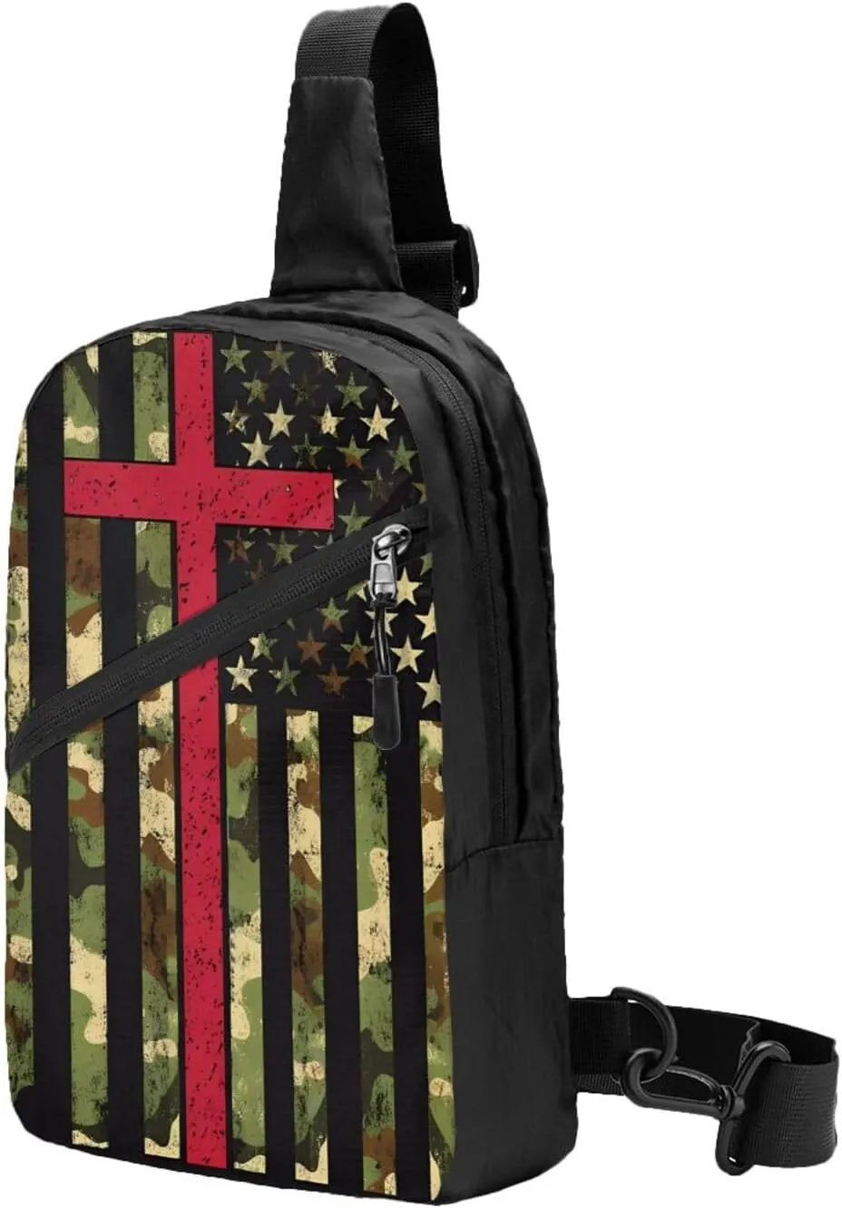 American Camo Flag Christian Cross Portable Sling Bags Packable Crossbody Bag Foldable Sport Daypack Reusable Shoulder Backpack Diagonally Chest Bag for Workout Travel