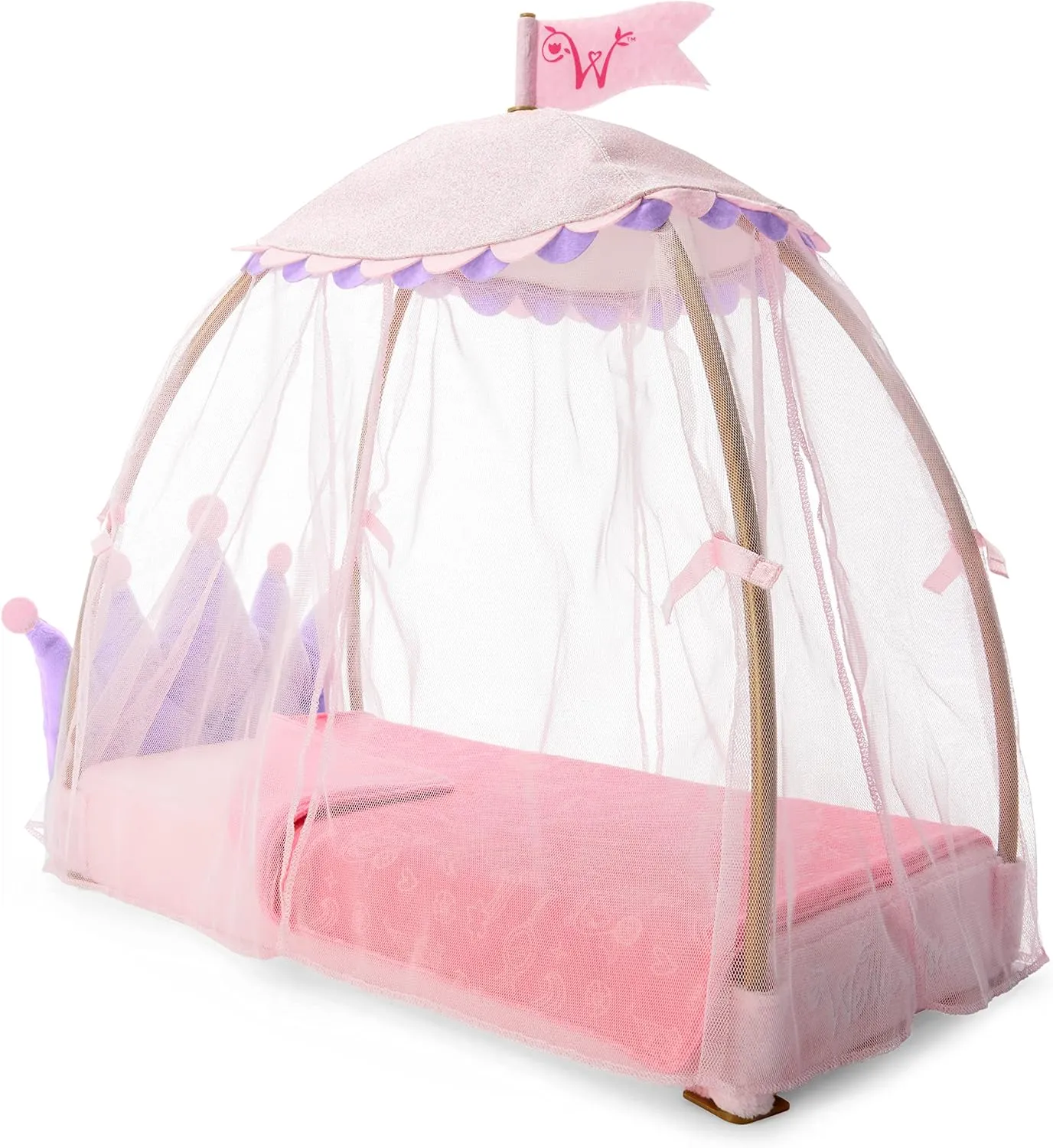 American Girl WellieWishers 14.5-inch Doll Royal Canopy Bed Playset with Mesh Drapes, Flag, and Blanket, For Ages 4 