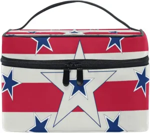 American Patriotic Blue Stars Red Stripes Independence Memorial Beauty Cosmetic with Zipper Brush Portable Storage Bag, Fashion printing Toiletry, Durable Travel Organizer Tote Unisex Gifts