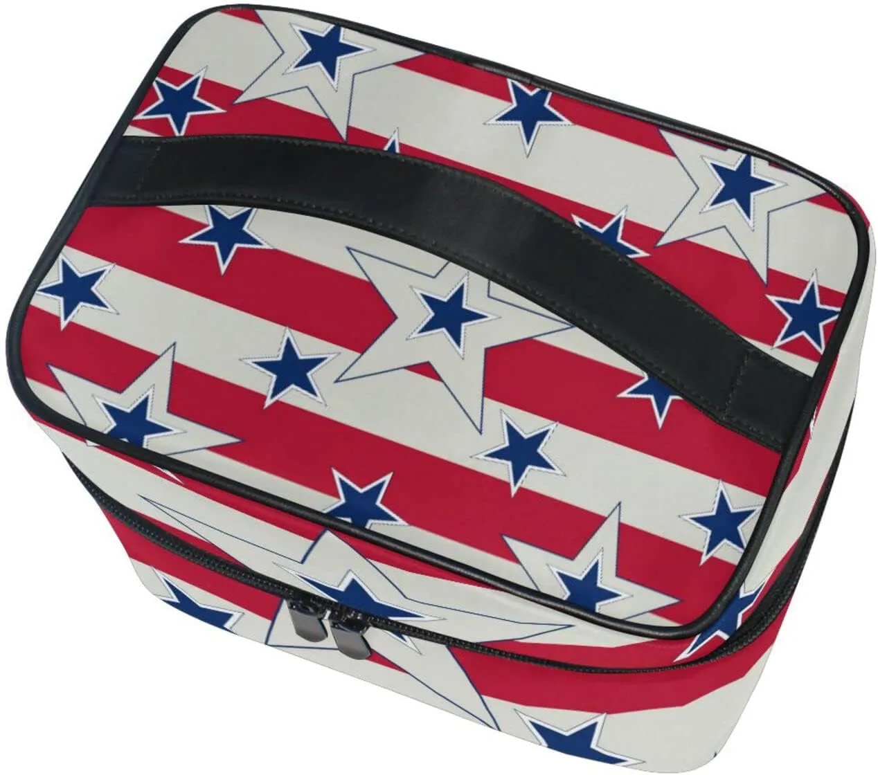 American Patriotic Blue Stars Red Stripes Independence Memorial Beauty Cosmetic with Zipper Brush Portable Storage Bag, Fashion printing Toiletry, Durable Travel Organizer Tote Unisex Gifts