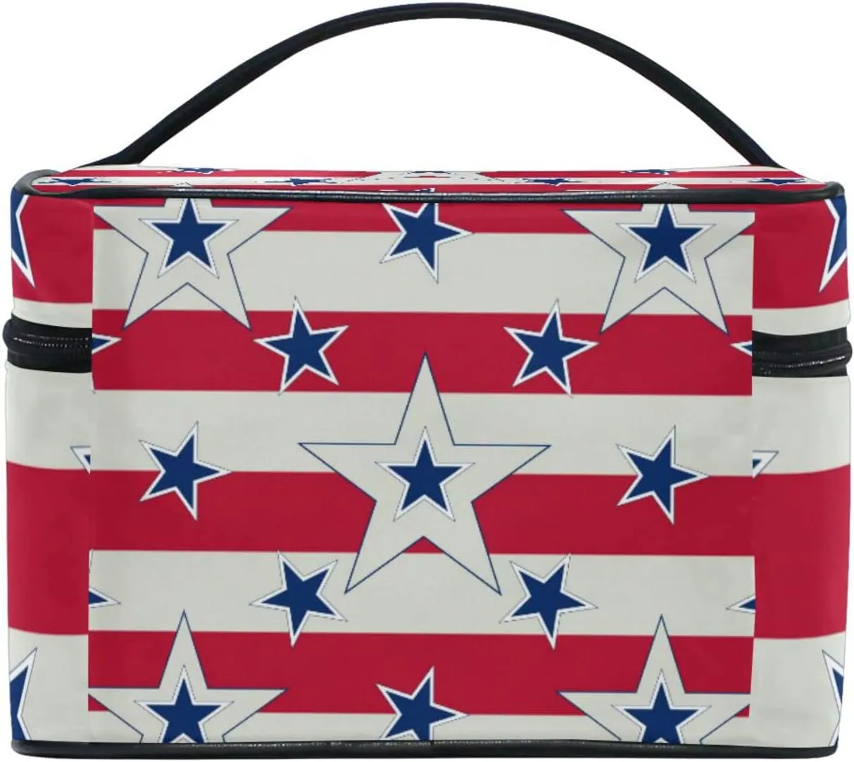 American Patriotic Blue Stars Red Stripes Independence Memorial Beauty Cosmetic with Zipper Brush Portable Storage Bag, Fashion printing Toiletry, Durable Travel Organizer Tote Unisex Gifts