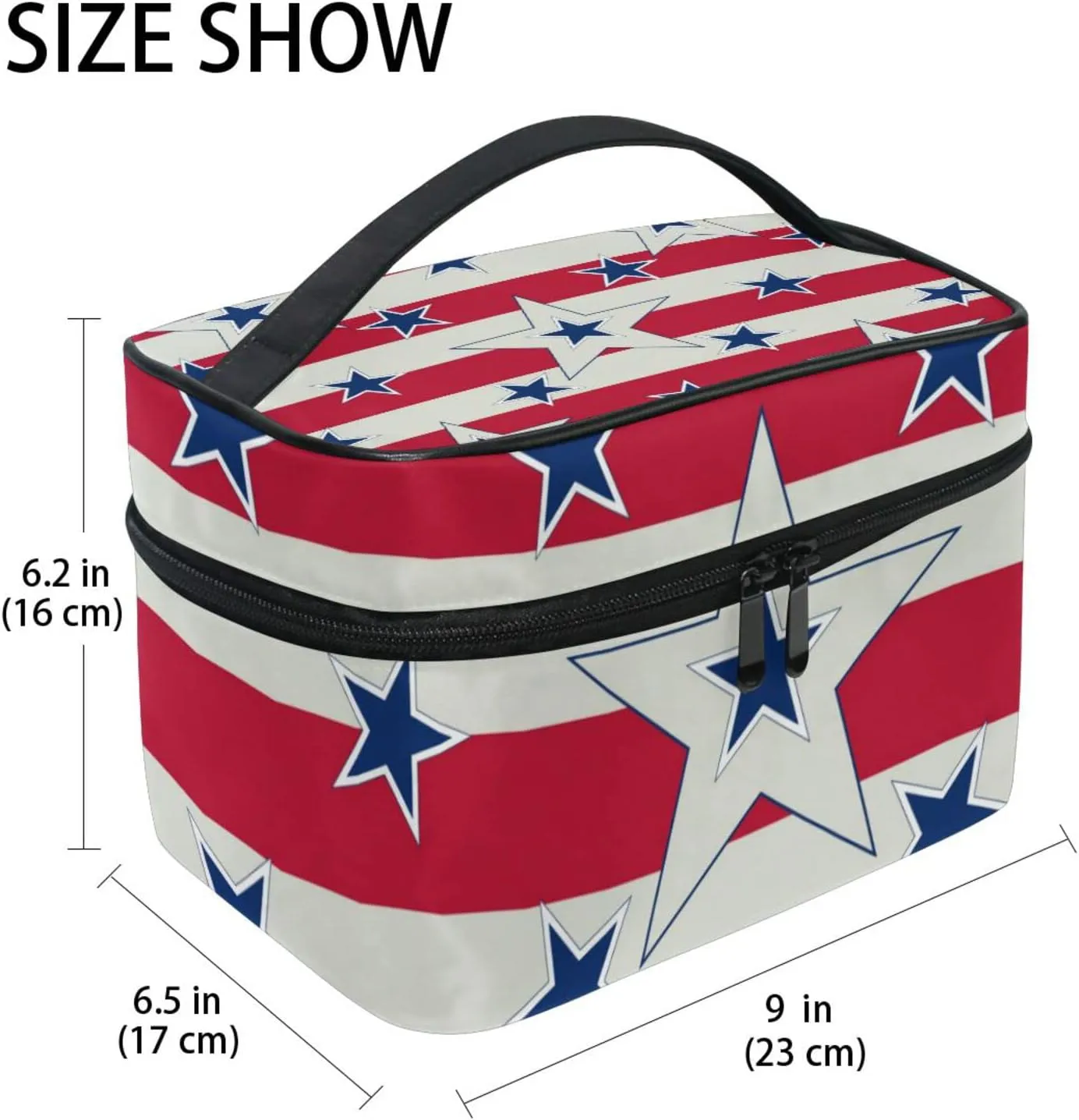 American Patriotic Blue Stars Red Stripes Independence Memorial Beauty Cosmetic with Zipper Brush Portable Storage Bag, Fashion printing Toiletry, Durable Travel Organizer Tote Unisex Gifts