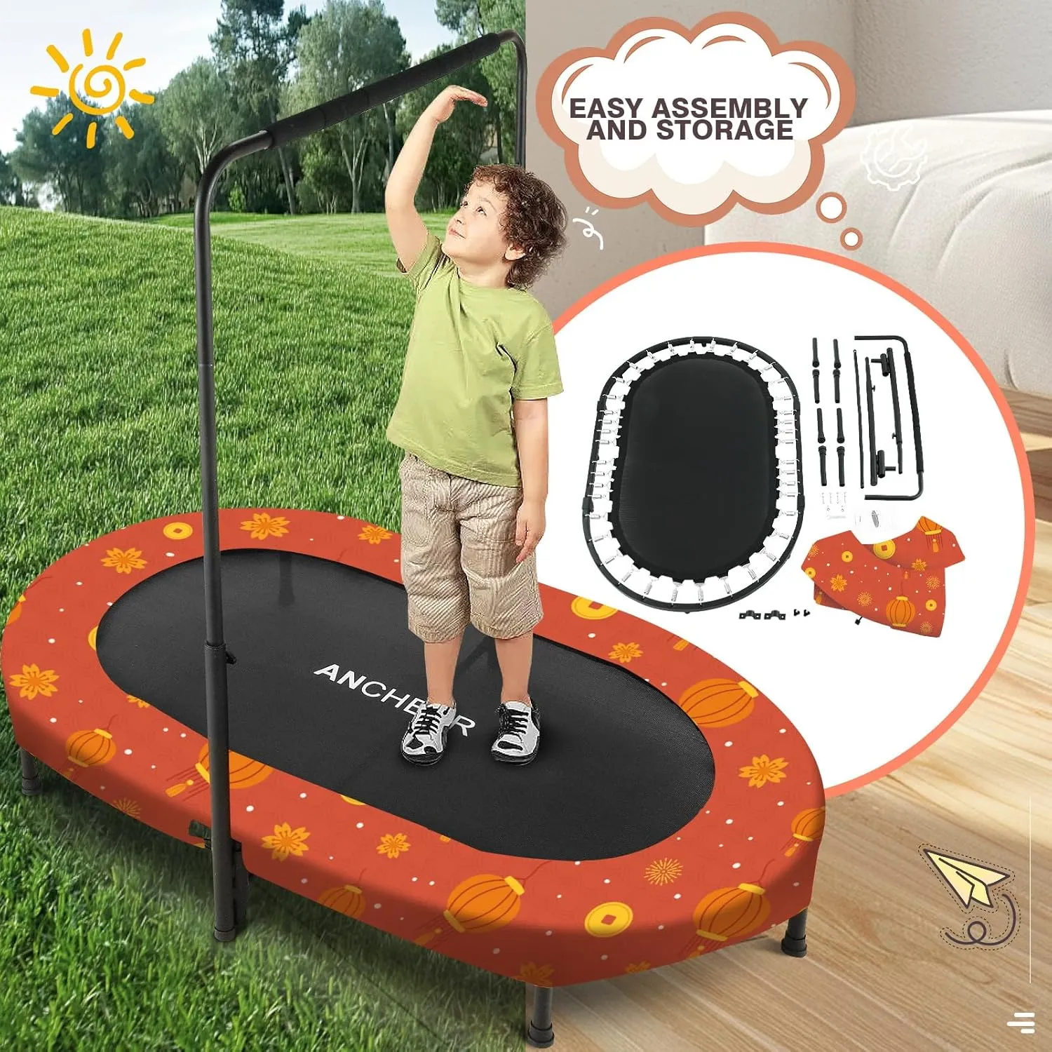 ANCHEER 56" Double Kids Trampoline with Adjustable Handlebar, 220lbs Capacity - Indoor/Outdoor Foldable Jumper for 2  Users (ASTM Certified)