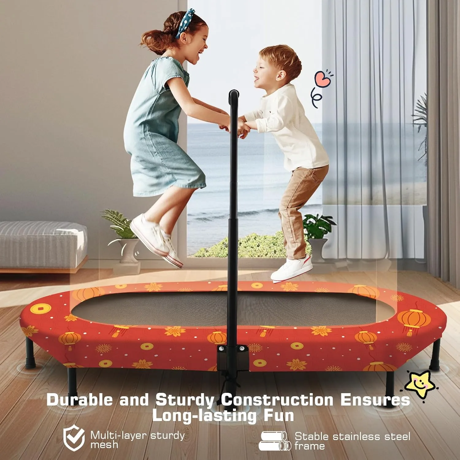 ANCHEER 56" Double Kids Trampoline with Adjustable Handlebar, 220lbs Capacity - Indoor/Outdoor Foldable Jumper for 2  Users (ASTM Certified)