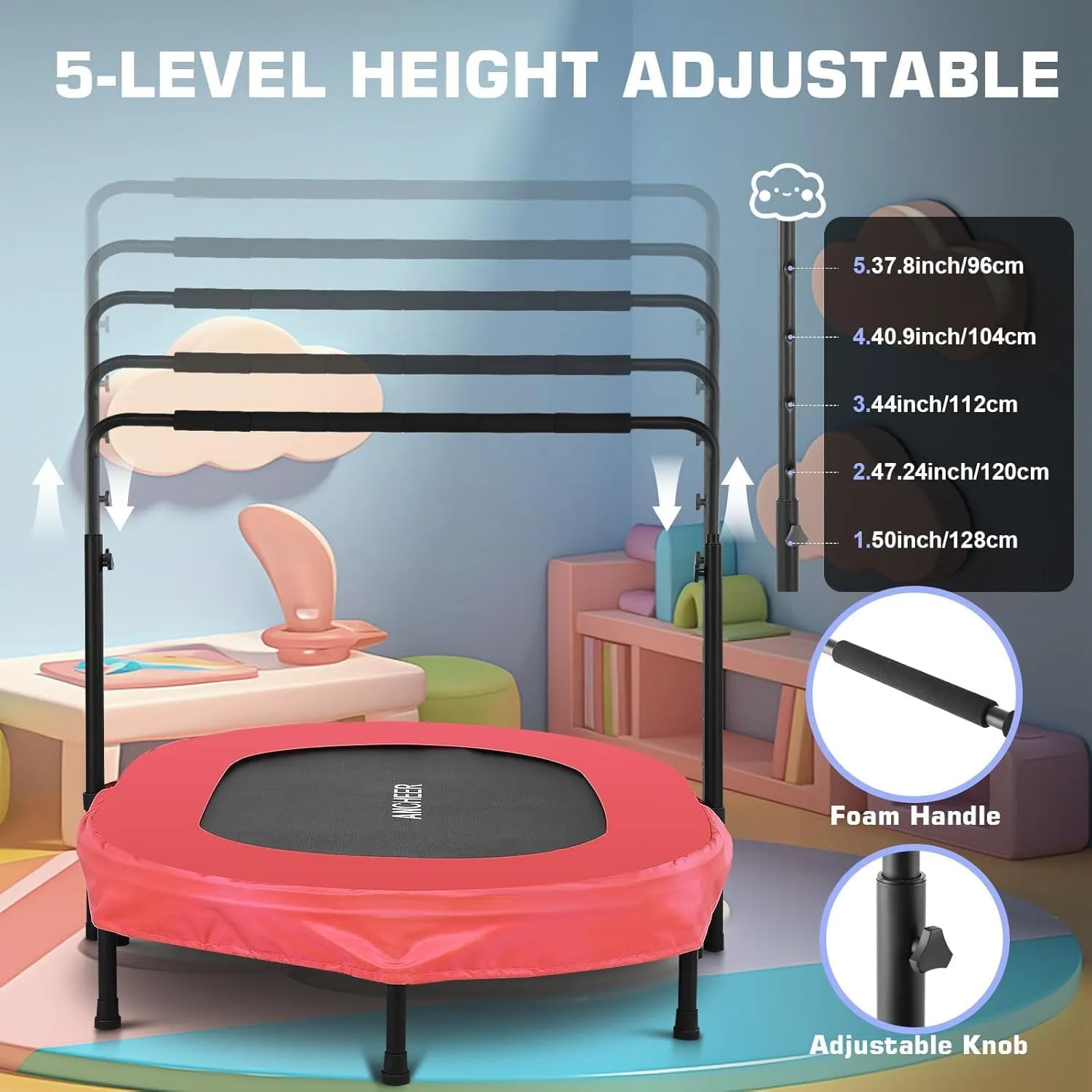 ANCHEER 56" Double Mini Trampoline for Kids, Mini Rebounder with 5-Level Adjustable Handle, Parent-Child Trampoline for Kids, Max Load 220lbs, Fun for Indoor/Outdoor