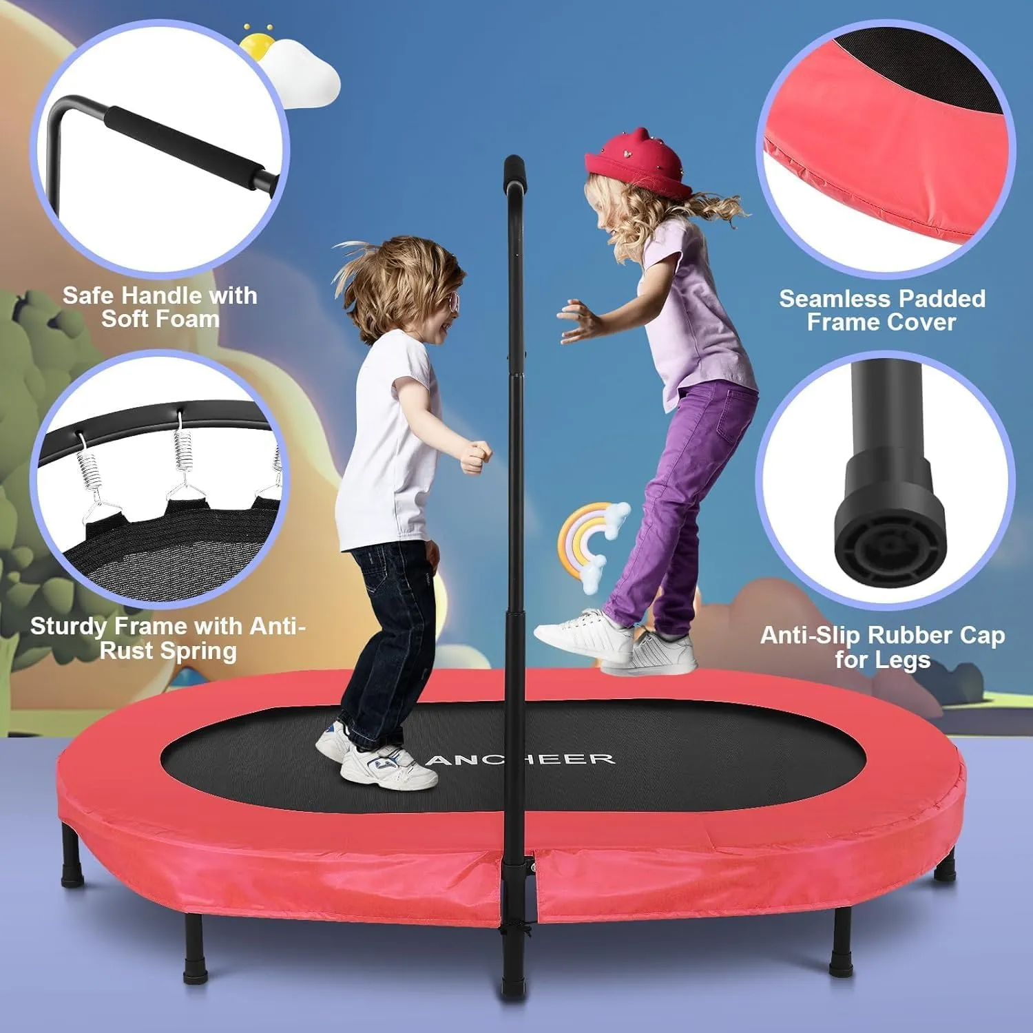 ANCHEER 56" Double Mini Trampoline for Kids, Mini Rebounder with 5-Level Adjustable Handle, Parent-Child Trampoline for Kids, Max Load 220lbs, Fun for Indoor/Outdoor